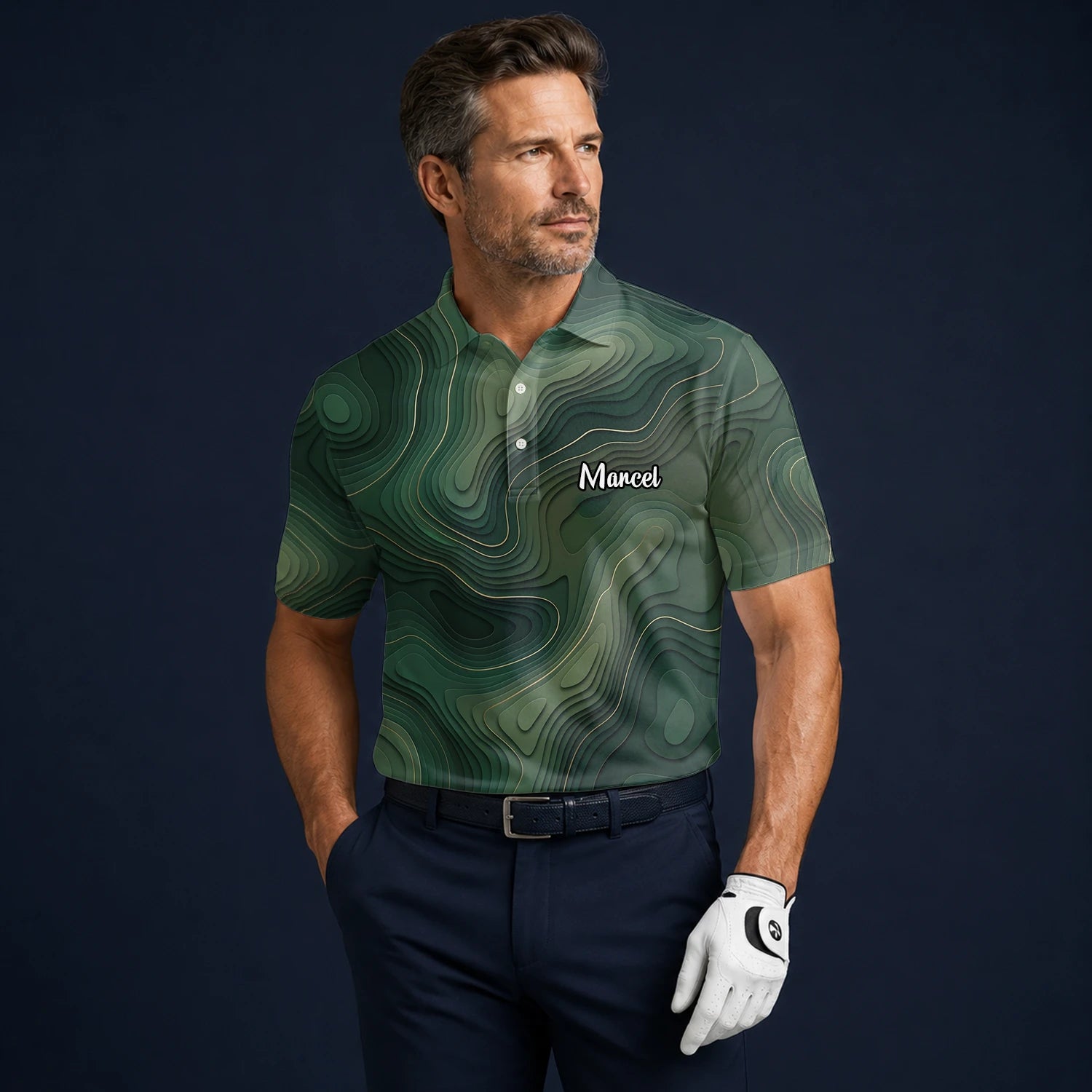 Personalisiertes Golf Poloshirt Grünes Topografisches Konturlinien Design für Herren H2497
