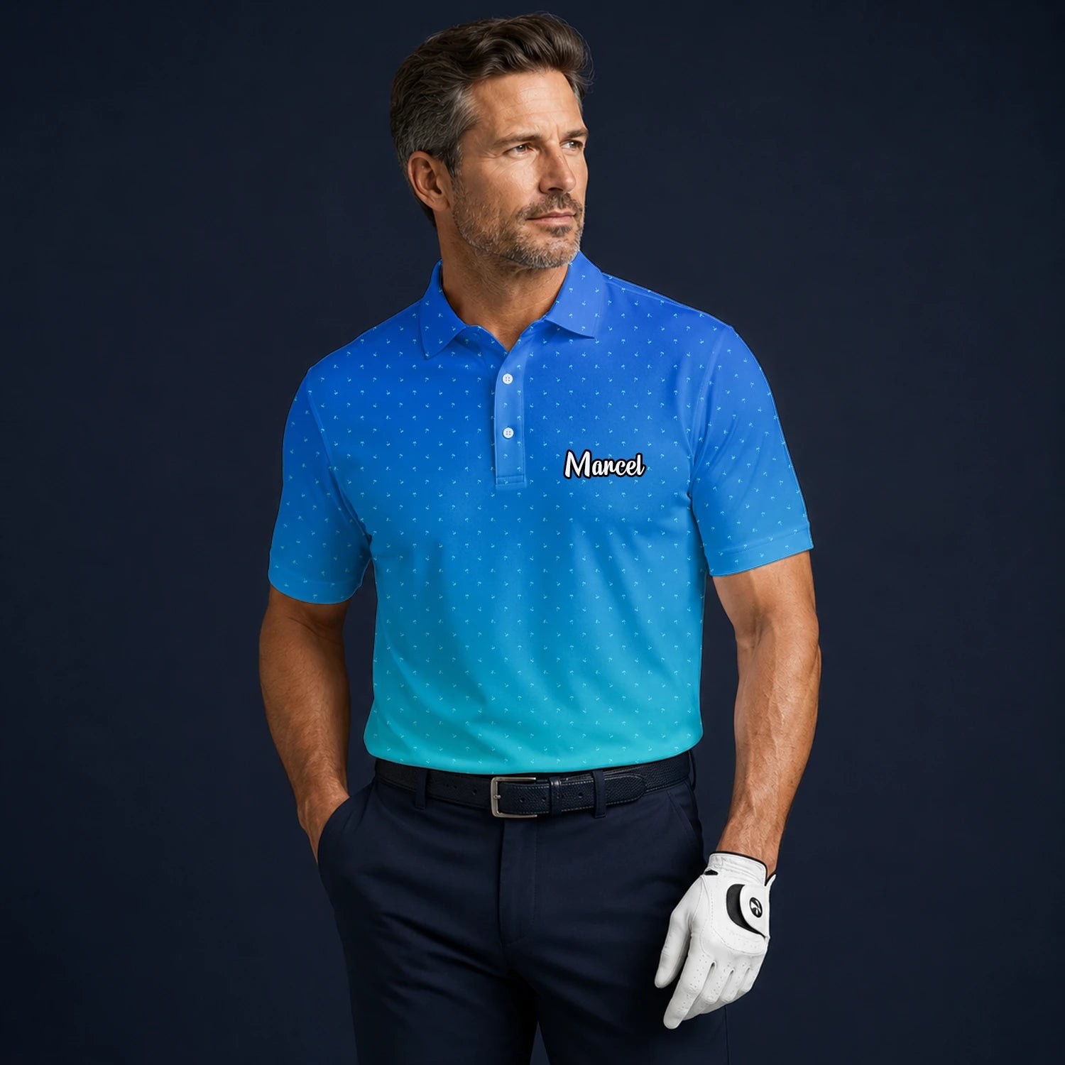 Personalisiertes Golf Poloshirt Blau Türkis Punkt Verlauf Design für Herren C6032