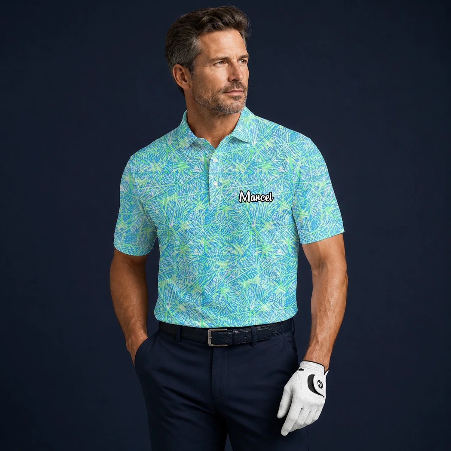 Personalisiertes Golf Poloshirt Türkis Limettengrünes Tropisches Blätter Design für Herren U1015
