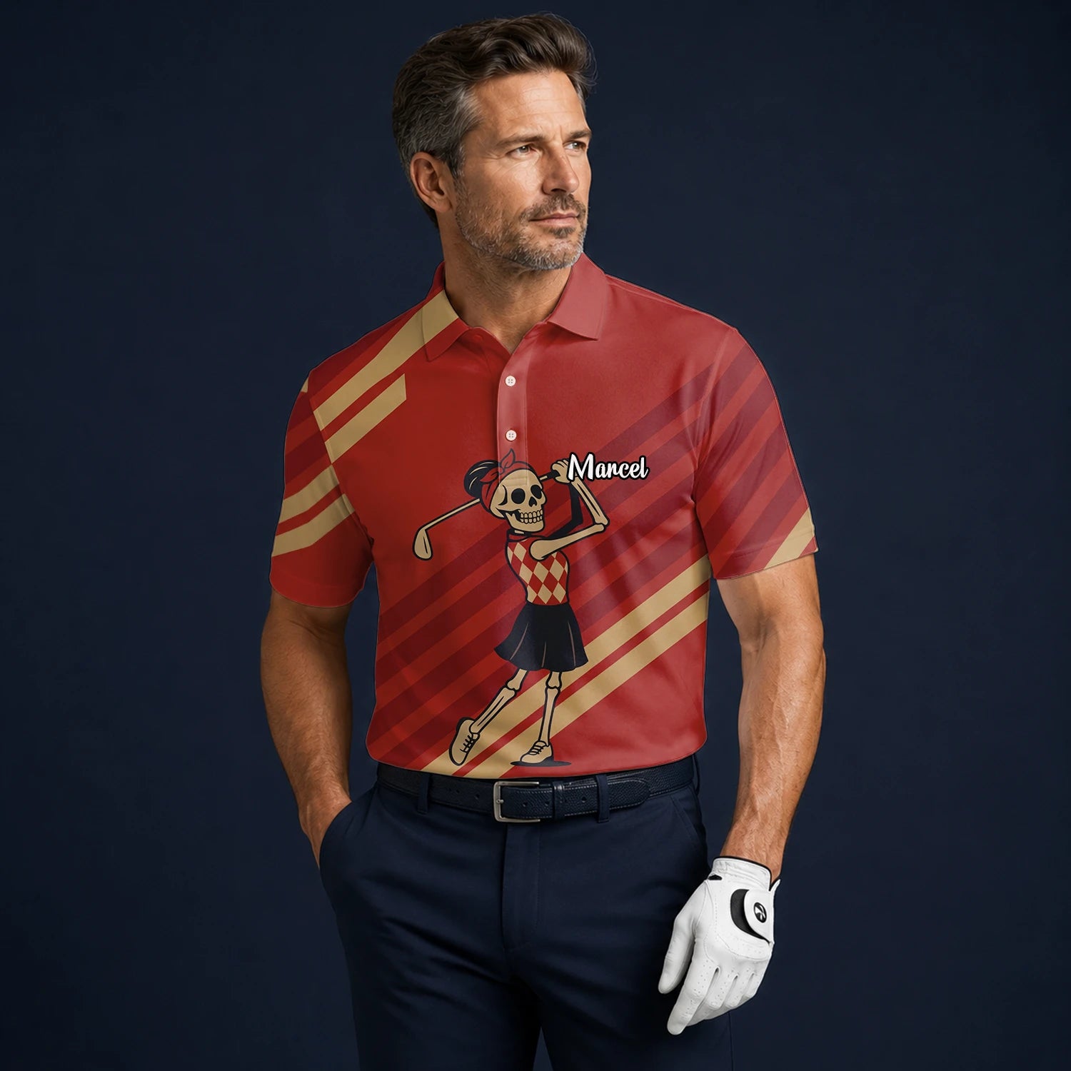 Personalisiertes Golf Poloshirt Rotes Skelett Golfer Cartoon Design für Herren Y0970