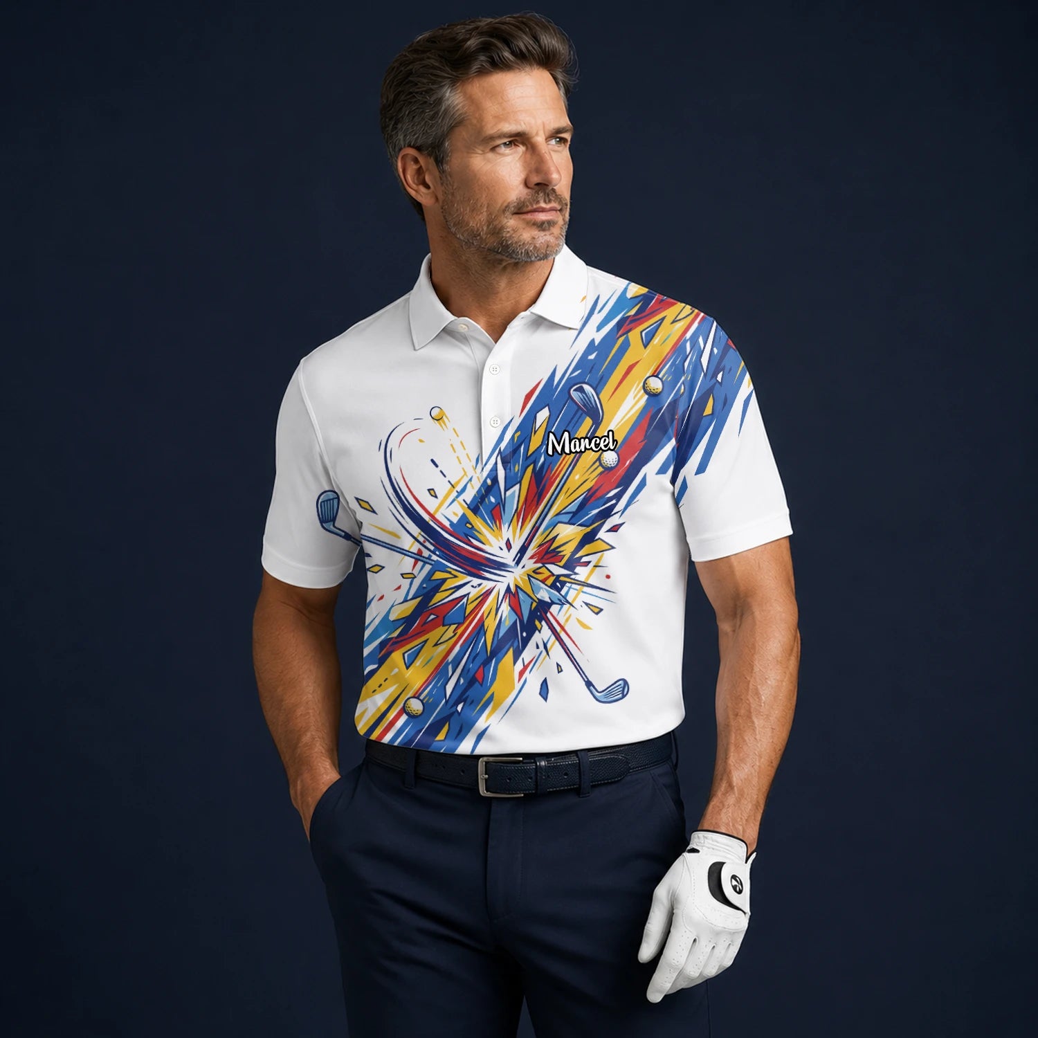 Personalisiertes Golf Poloshirt Weiß Blaues Golf Schwung Grafik Design für Herren B2869