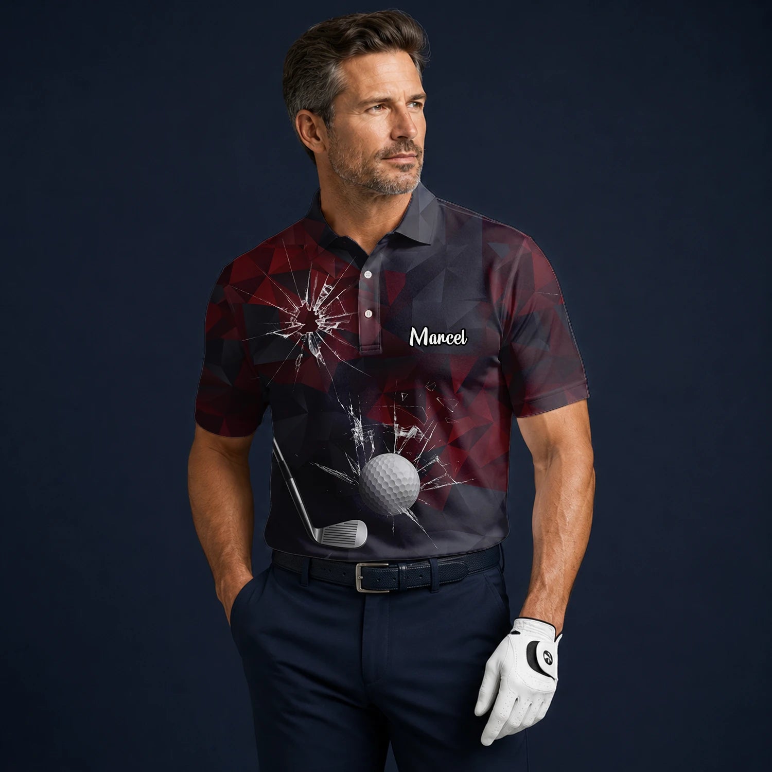 Personalisiertes Golf Poloshirt Schwarz Bordeaux Golfball Glassplitter Design für Herren R4354