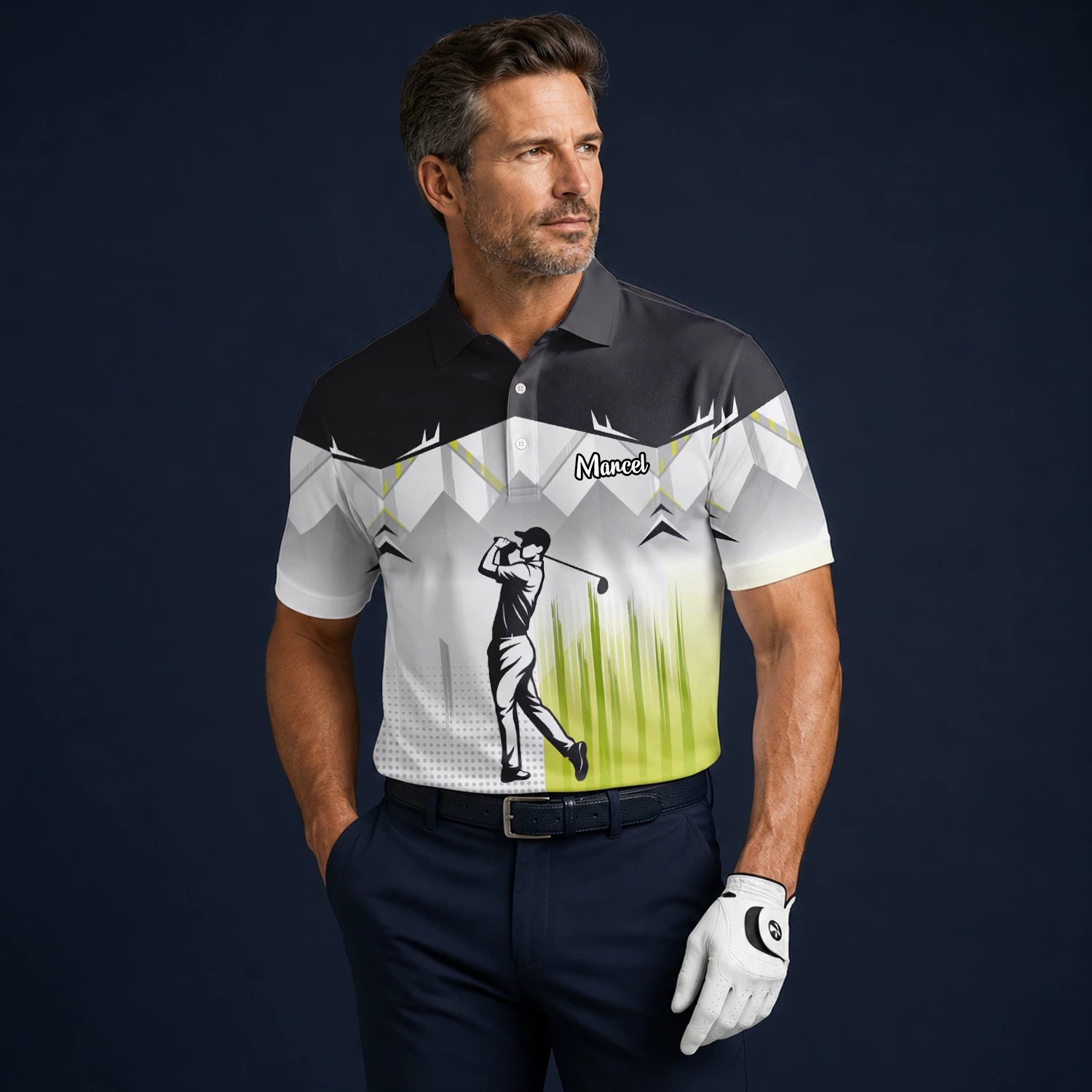 Personalisiertes Golf Poloshirt Schwarz Grau Limettengrünes Golfer Silhouetten Design für Herren F4552