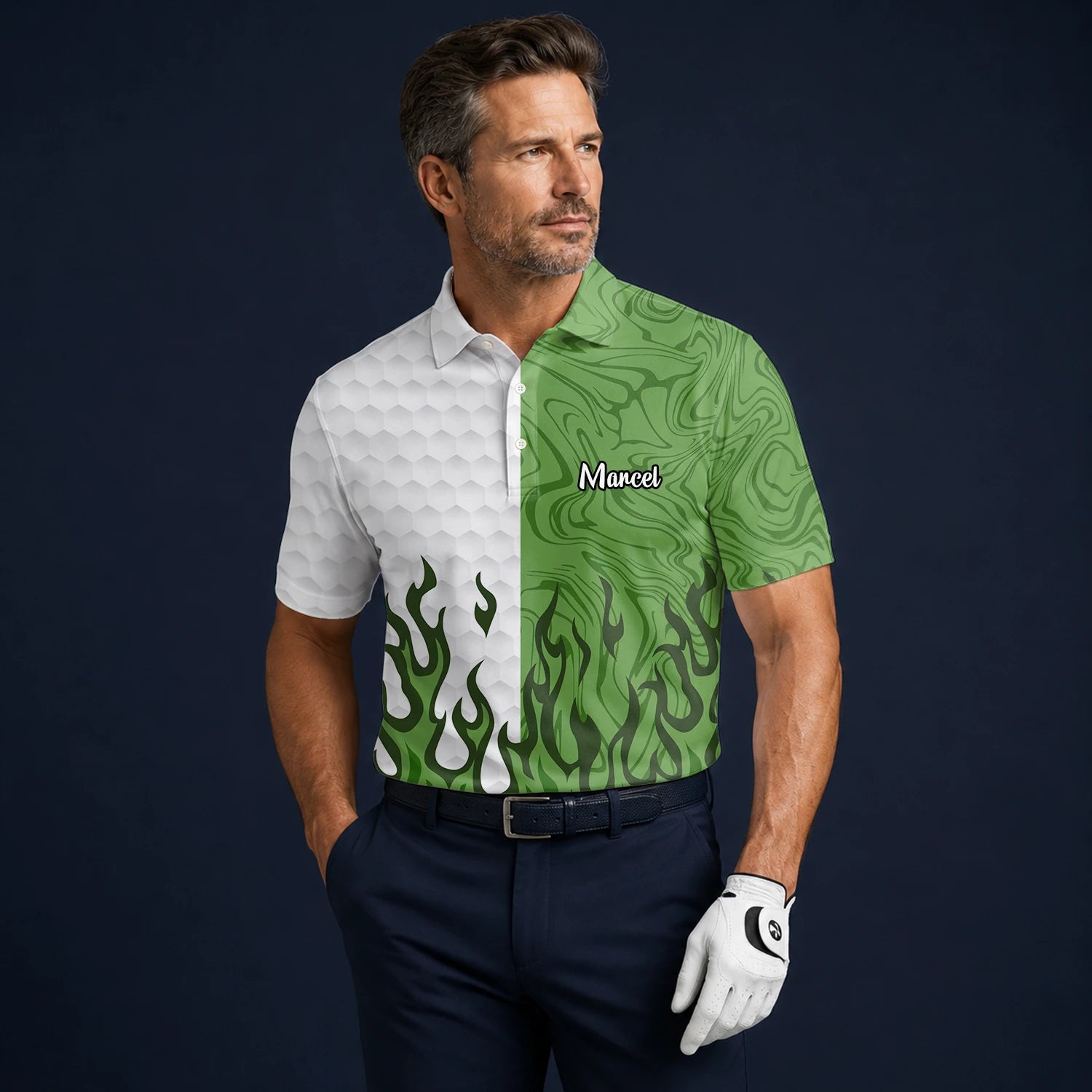 Personalisiertes Golf Poloshirt Weiß Grünes Flammen Marmor Design für Herren D2353