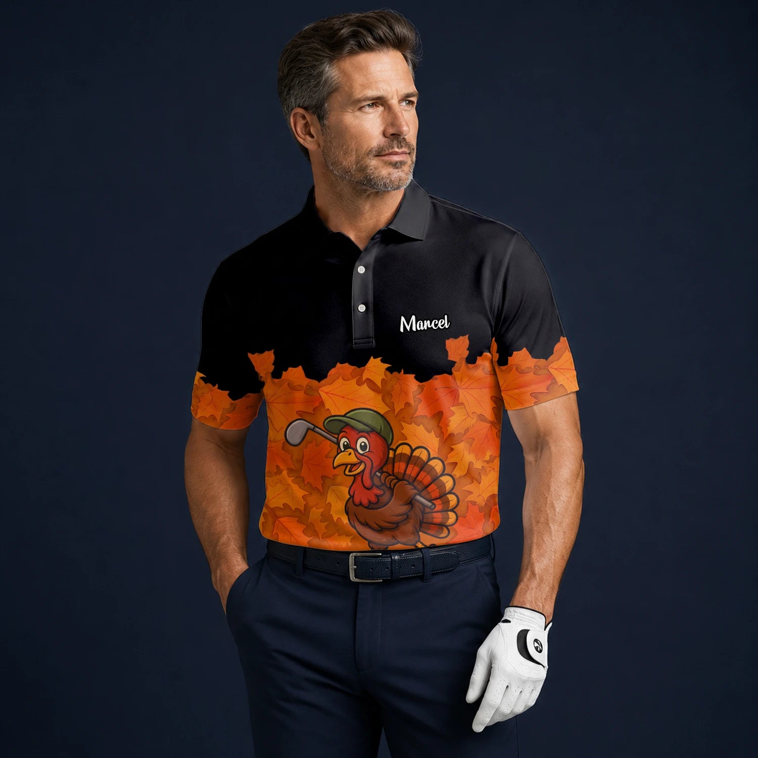 Personalisiertes Golf Poloshirt Schwarz Orange Thanksgiving Truthahn Golfer Design für Herren W0964