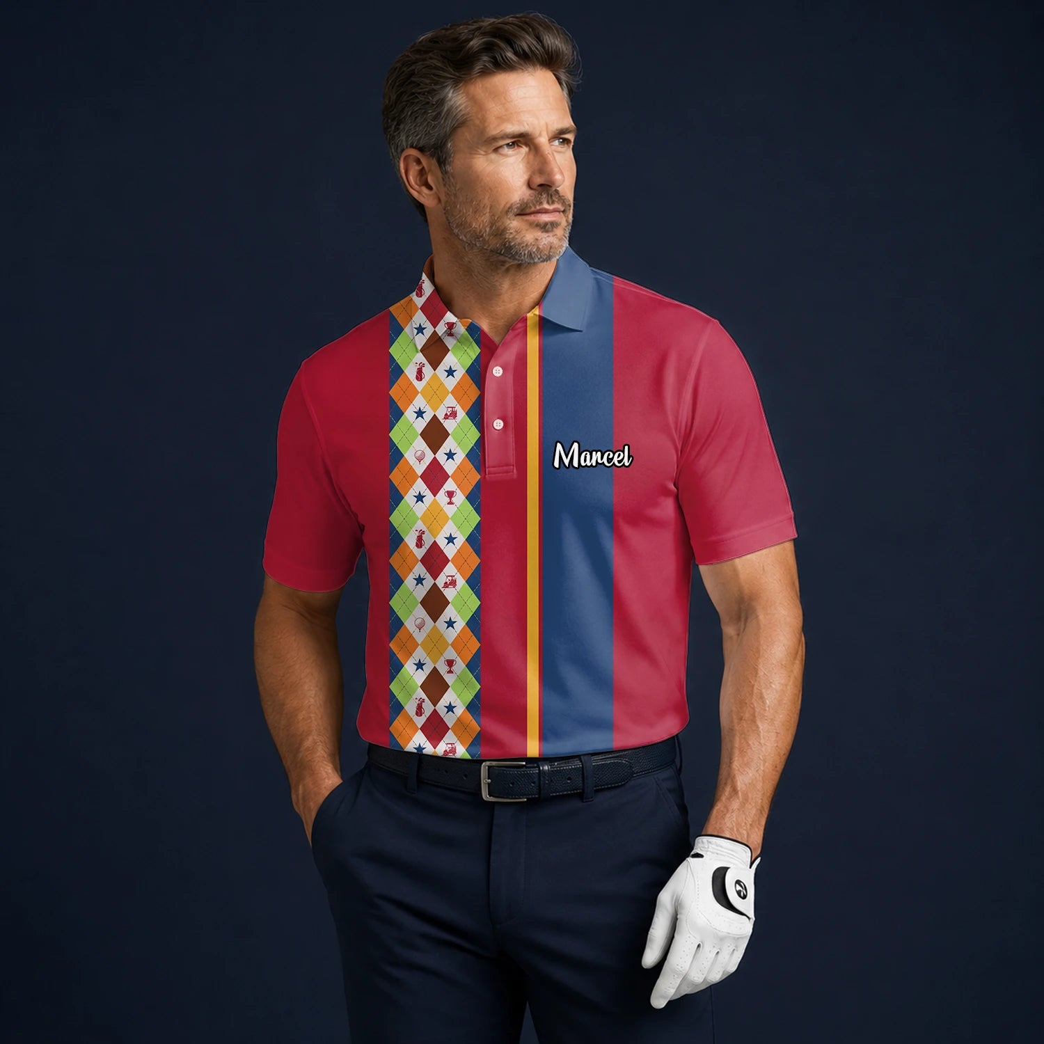 Personalisiertes Golf Poloshirt Rot Blaues Buntes Rauten Muster für Herren V1769