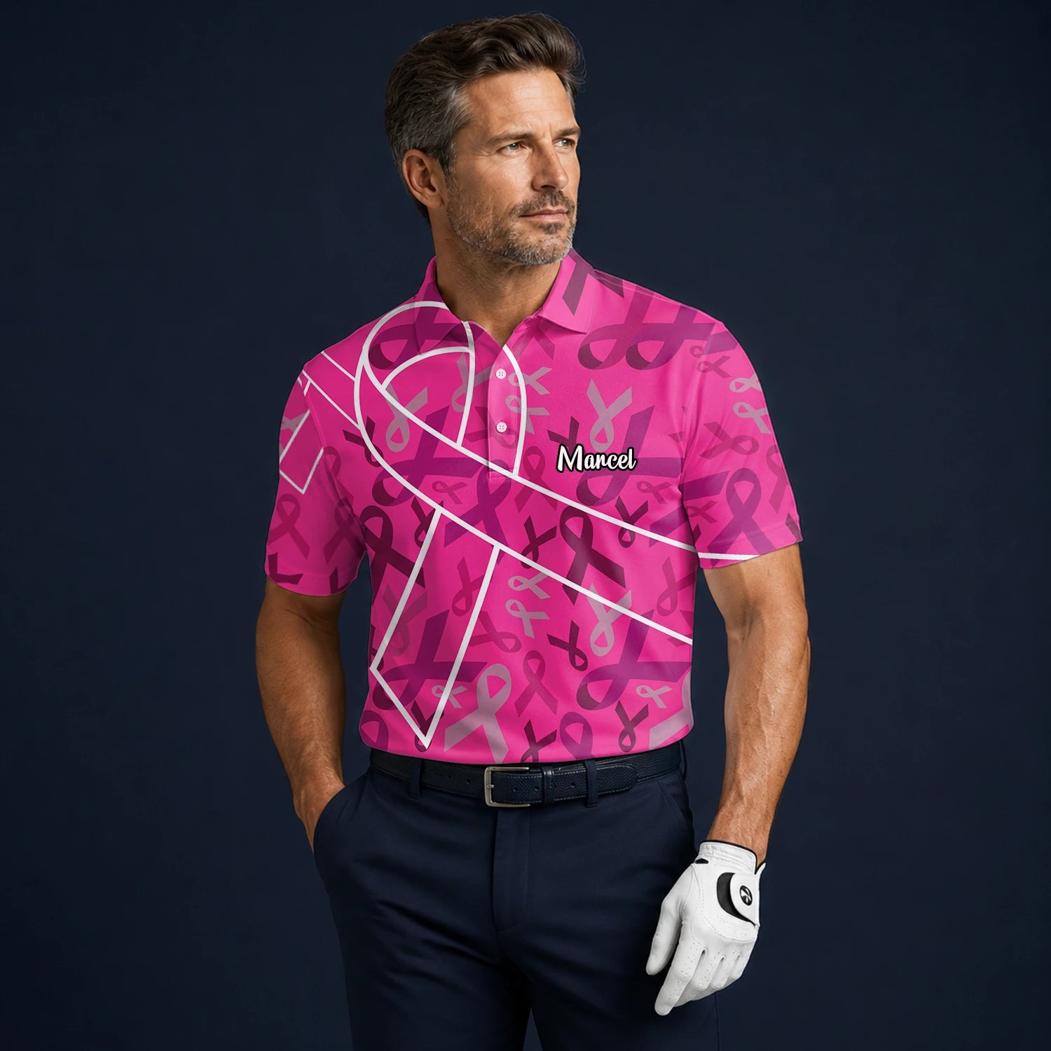 Personalisiertes Golf Poloshirt Rosa Brustkrebs Awareness Schleifen Design für Herren O4093