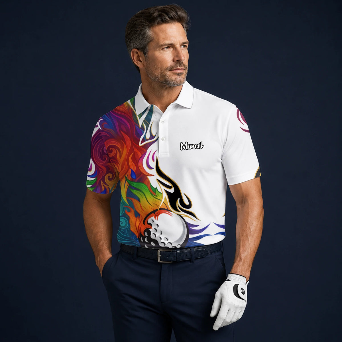 Personalisiertes Golf Poloshirt Weißes Regenbogen Flammen Golfball Design für Herren P6012