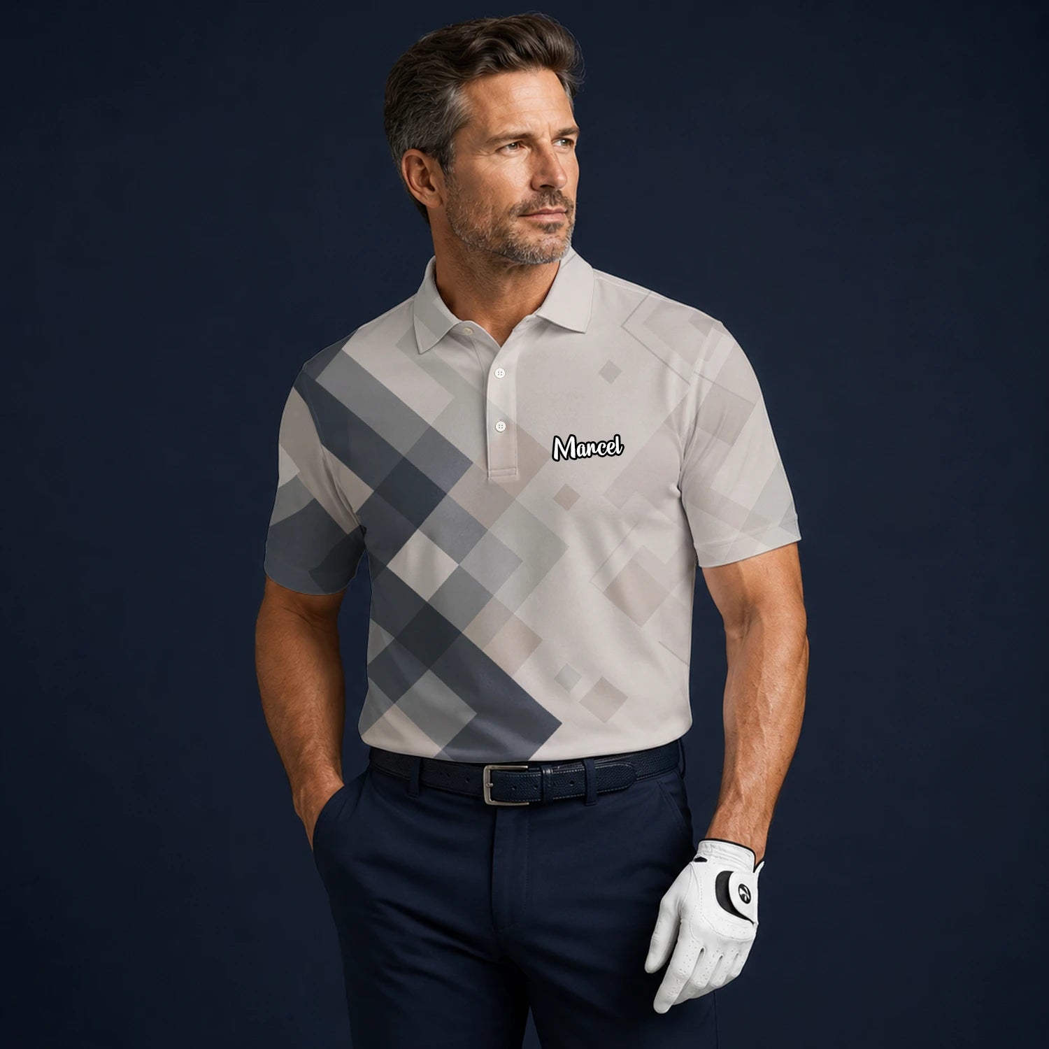Personalisiertes Golf Poloshirt Beige Graues Rauten Muster für Herren Z6499