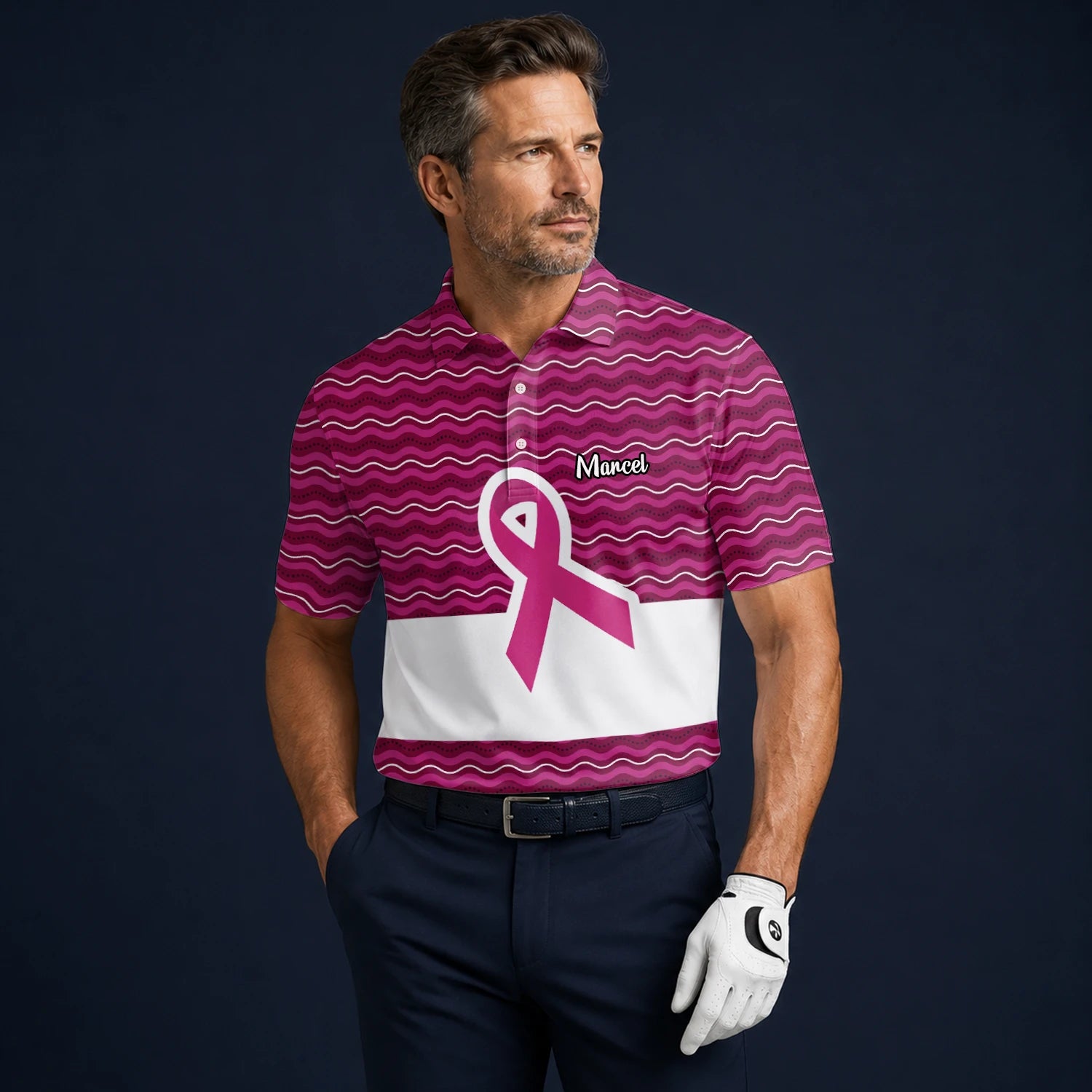 Personalisiertes Golf Poloshirt Rosa Brustkrebs Awareness Schleifen Wellen Design für Herren B1640
