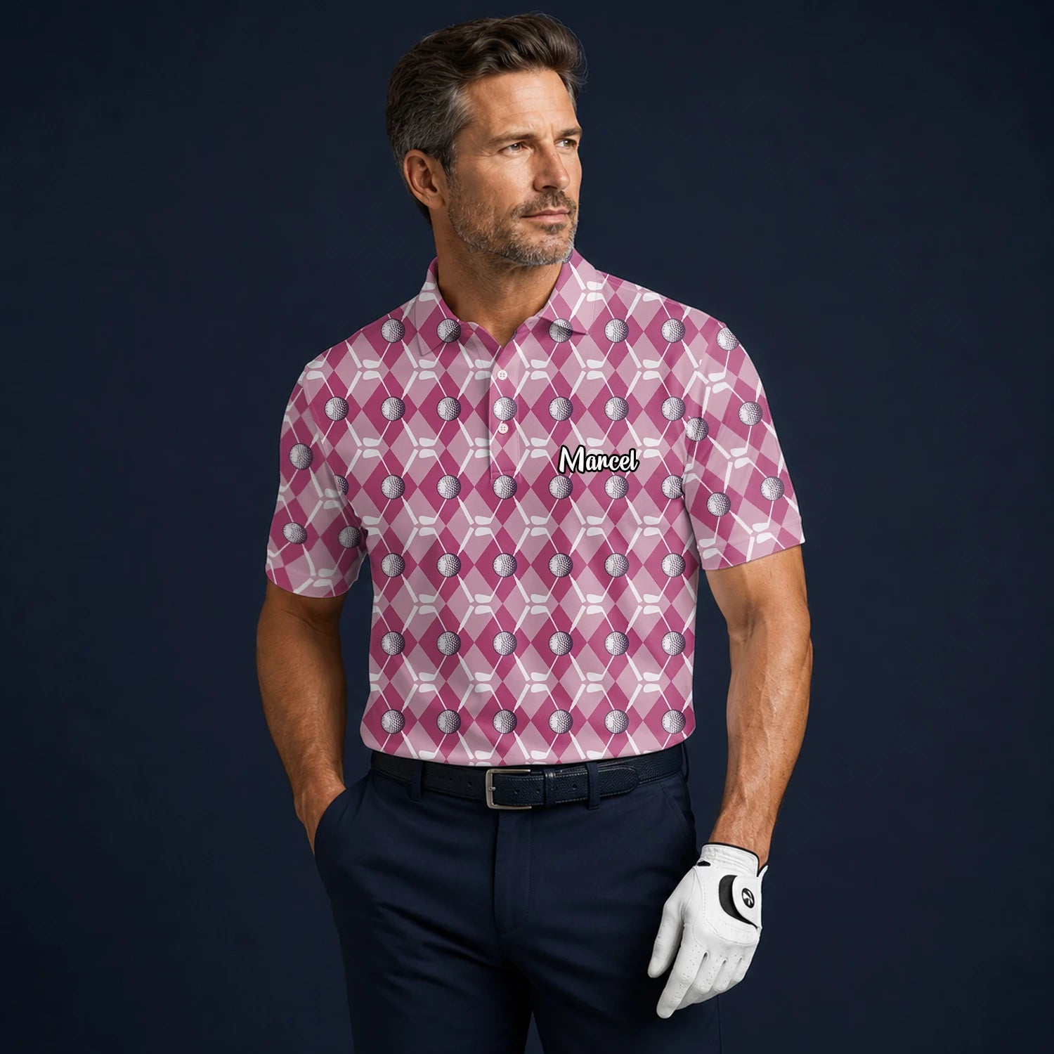 Personalisiertes Golf Poloshirt Rosa Rauten Golfball Design für Herren X0000