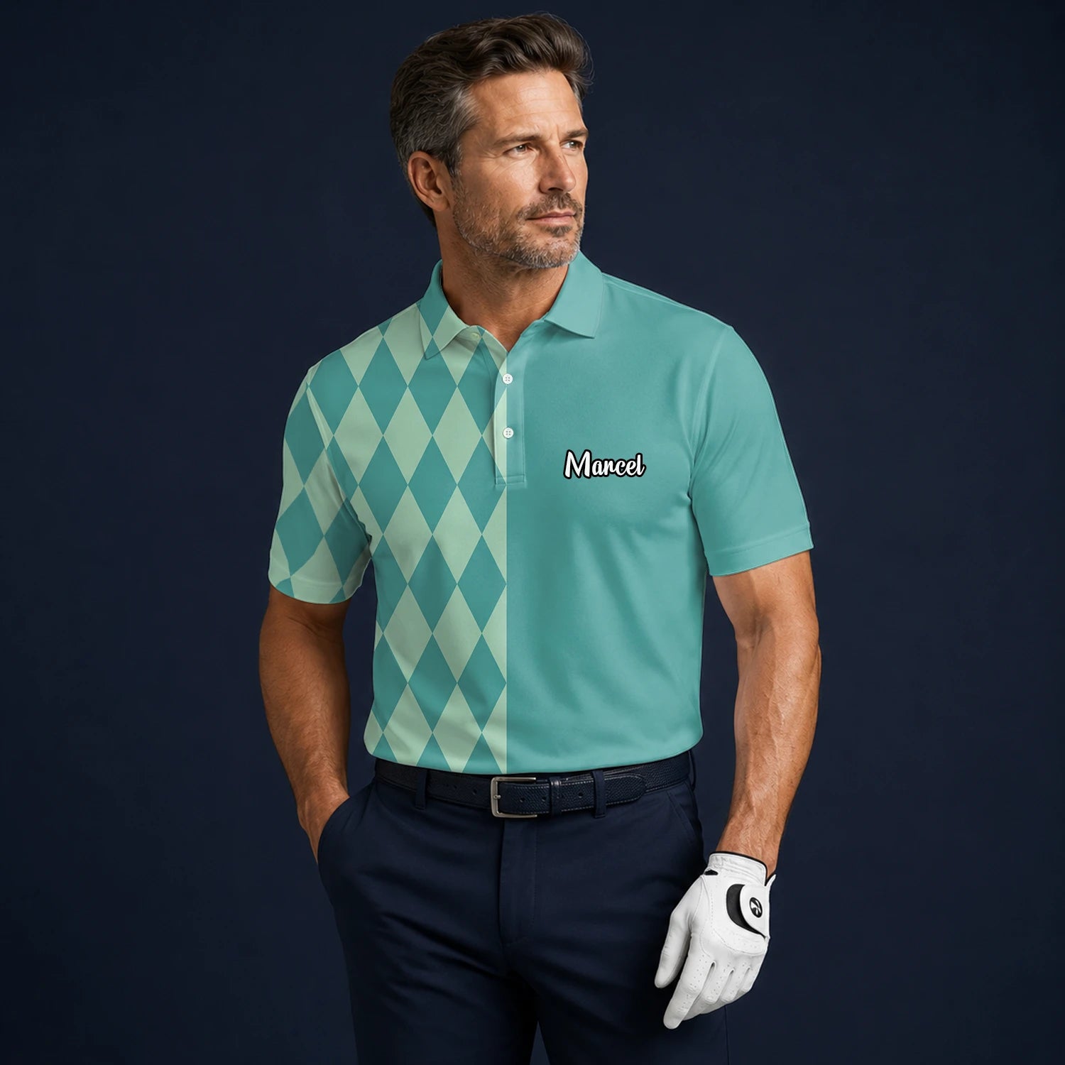 Personalisiertes Golf Poloshirt Türkis Mint Rauten Muster für Herren A8483