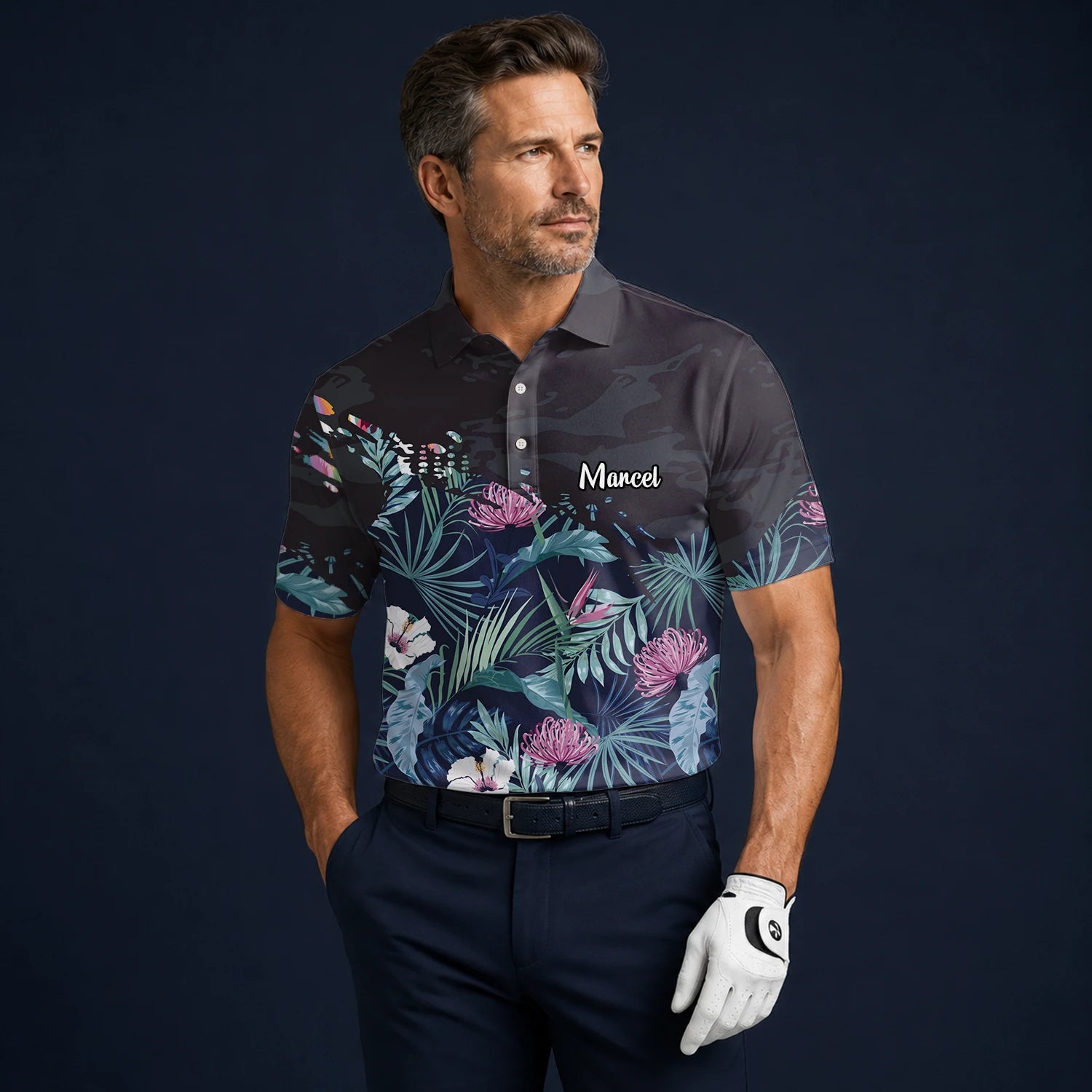Personalisiertes Golf Poloshirt Marineblaues Tropisches Blumen Blätter Design für Herren N4110