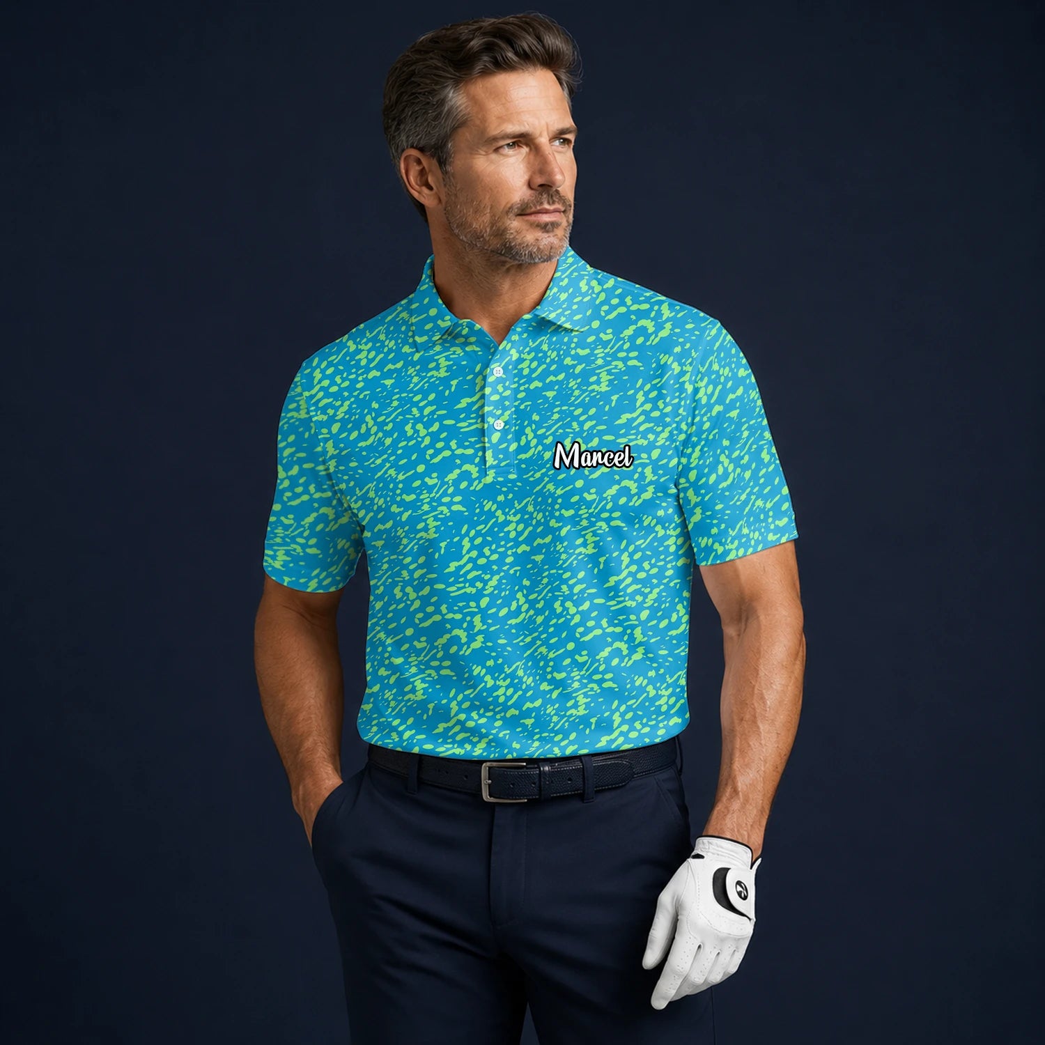 Personalisiertes Golf Poloshirt Türkis Limettengrünes Farbklecks Design für Herren G8287