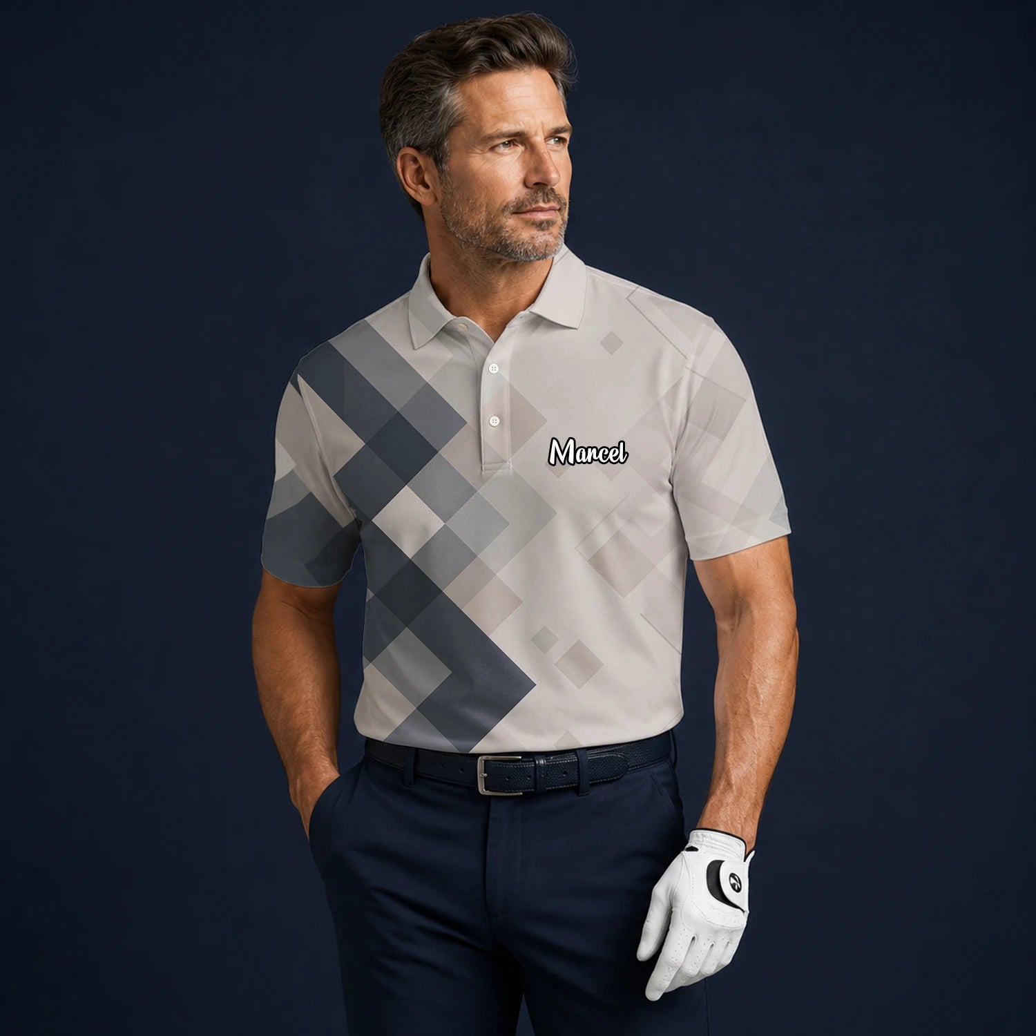 Personalisiertes Golf Poloshirt Beige Graues Rauten Muster für Herren Z6499
