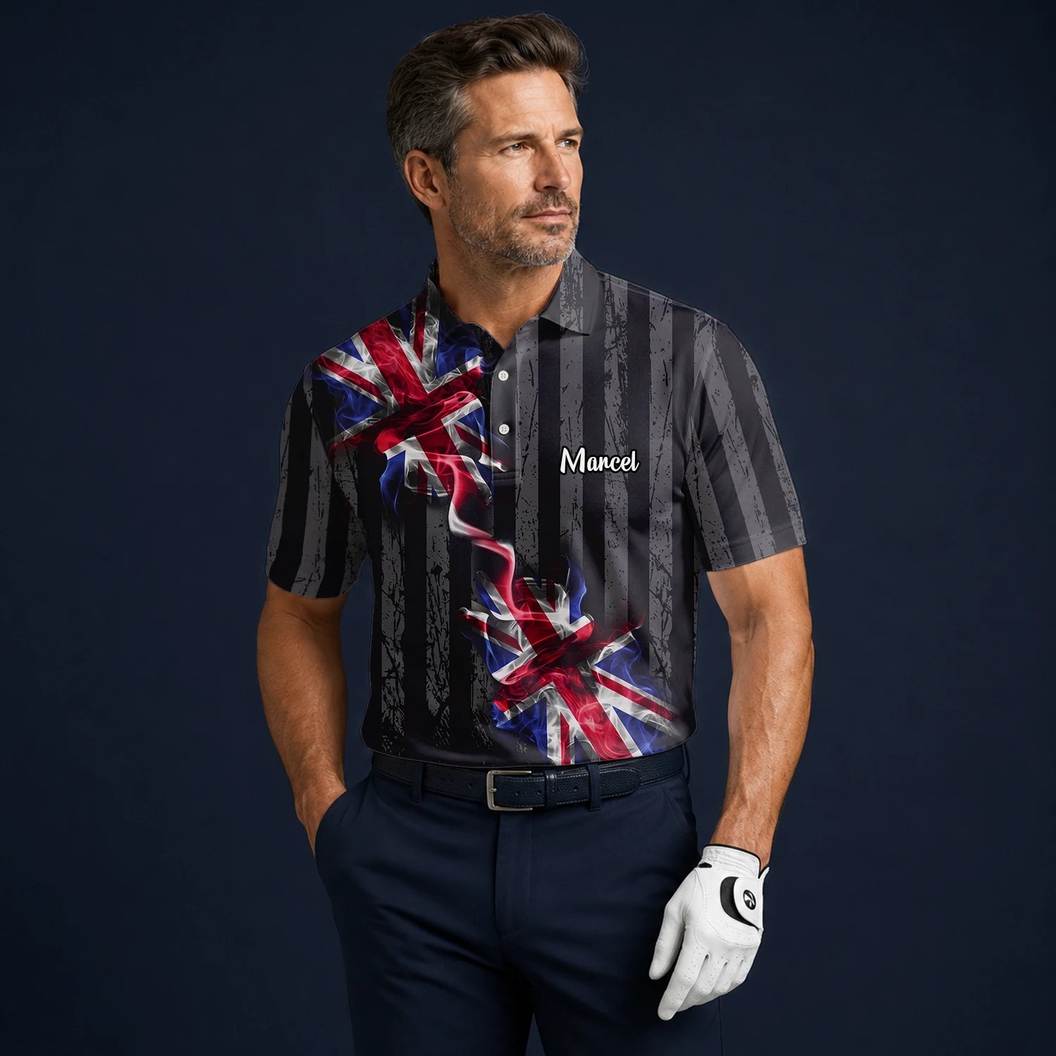 Personalisiertes Golf Poloshirt Schwarz Union Jack Blitz Design für Herren U9443