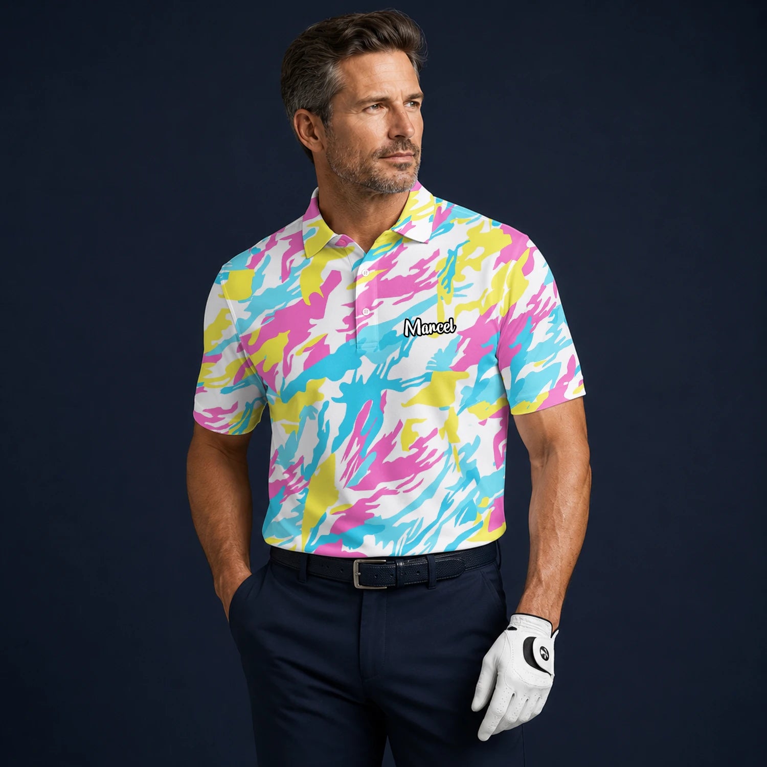 Personalisiertes Golf Poloshirt Pastell Regenbogen Camo Design für Herren F0280