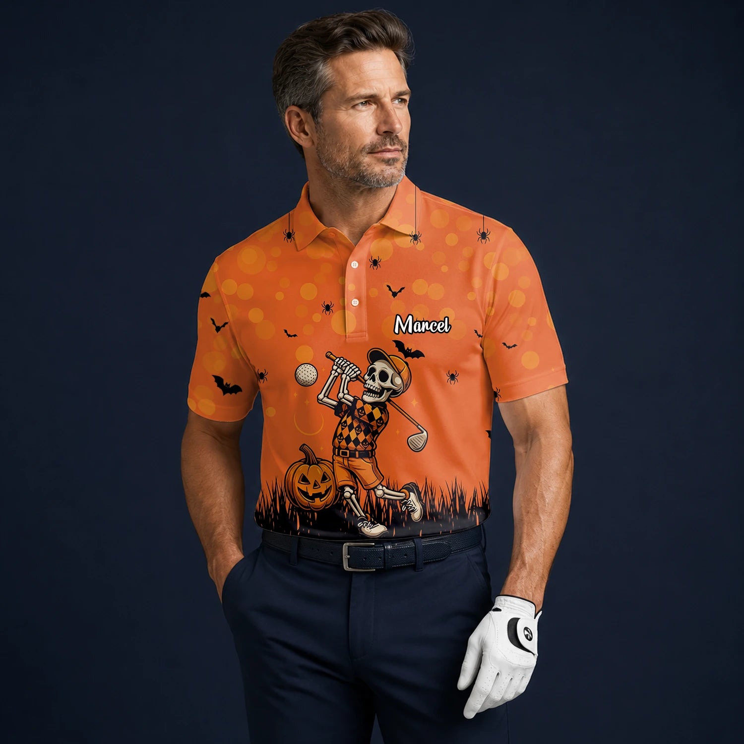Personalisiertes Golf Poloshirt Orange Halloween Skelett Golfer Design für Herren D3851