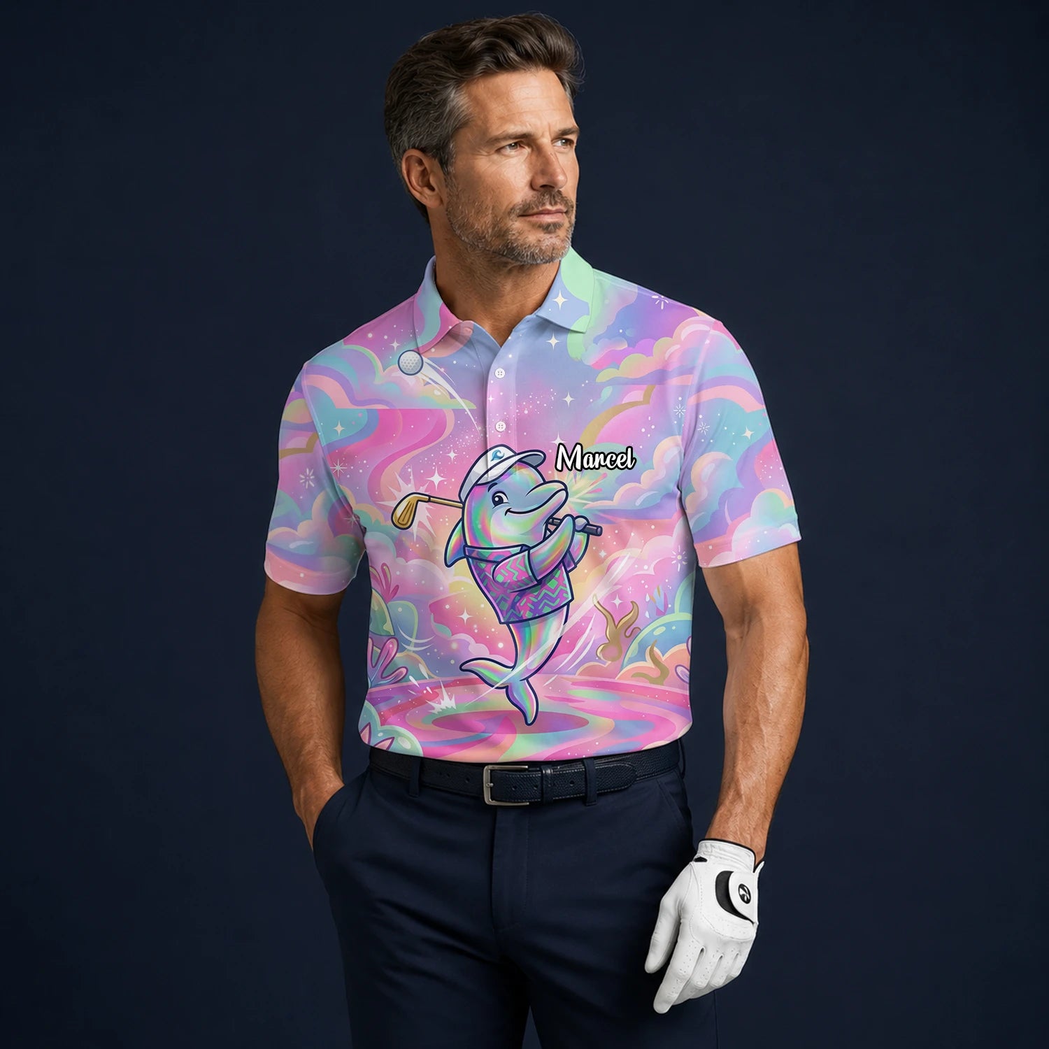 Personalisiertes Golf Poloshirt Pastell Regenbogen Delfin Golfer Cartoon Design für Herren L3862
