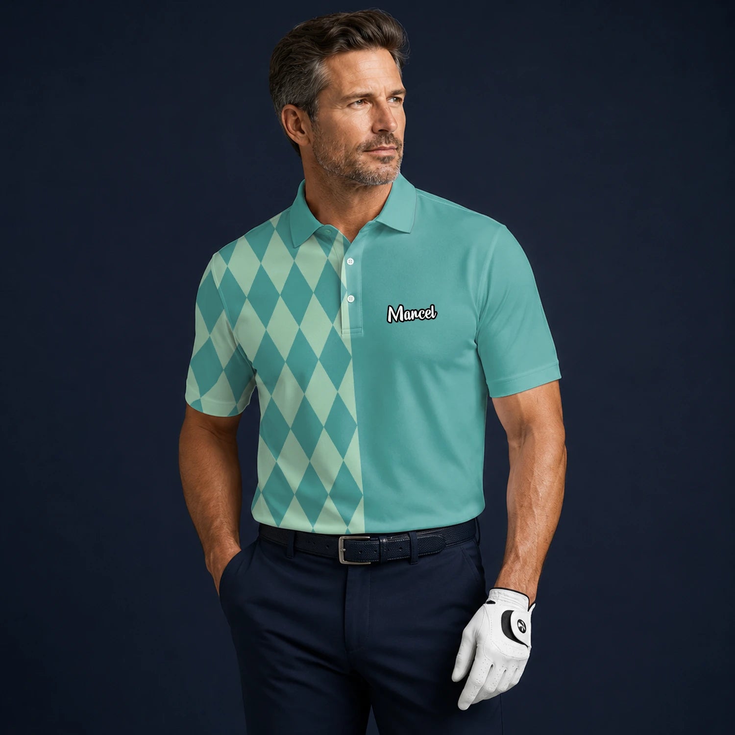 Personalisiertes Golf Poloshirt Türkis Mint Rauten Muster für Herren A8483