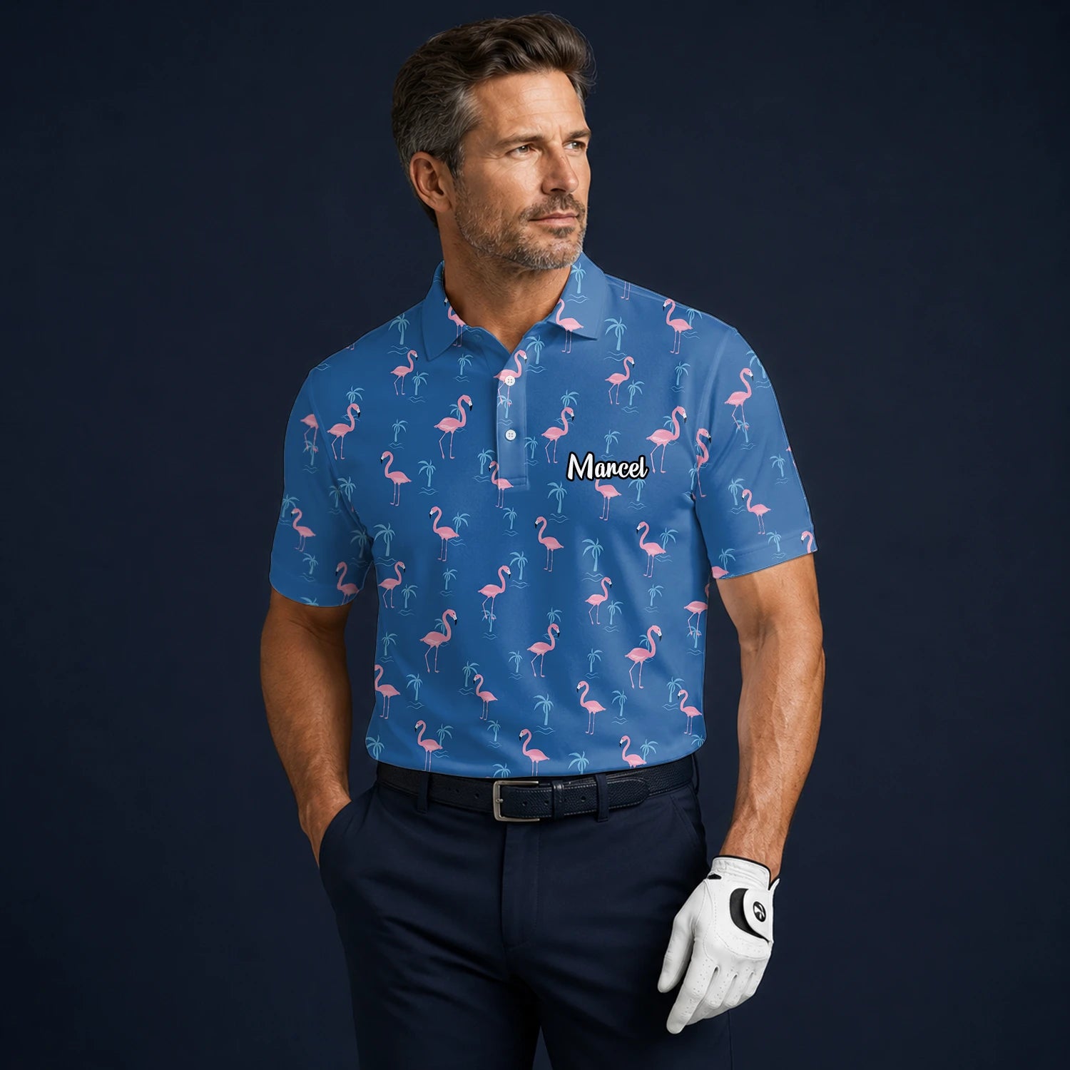 Personalisiertes Golf Poloshirt Blau Rosa Flamingo Palmen Design für Herren C8068