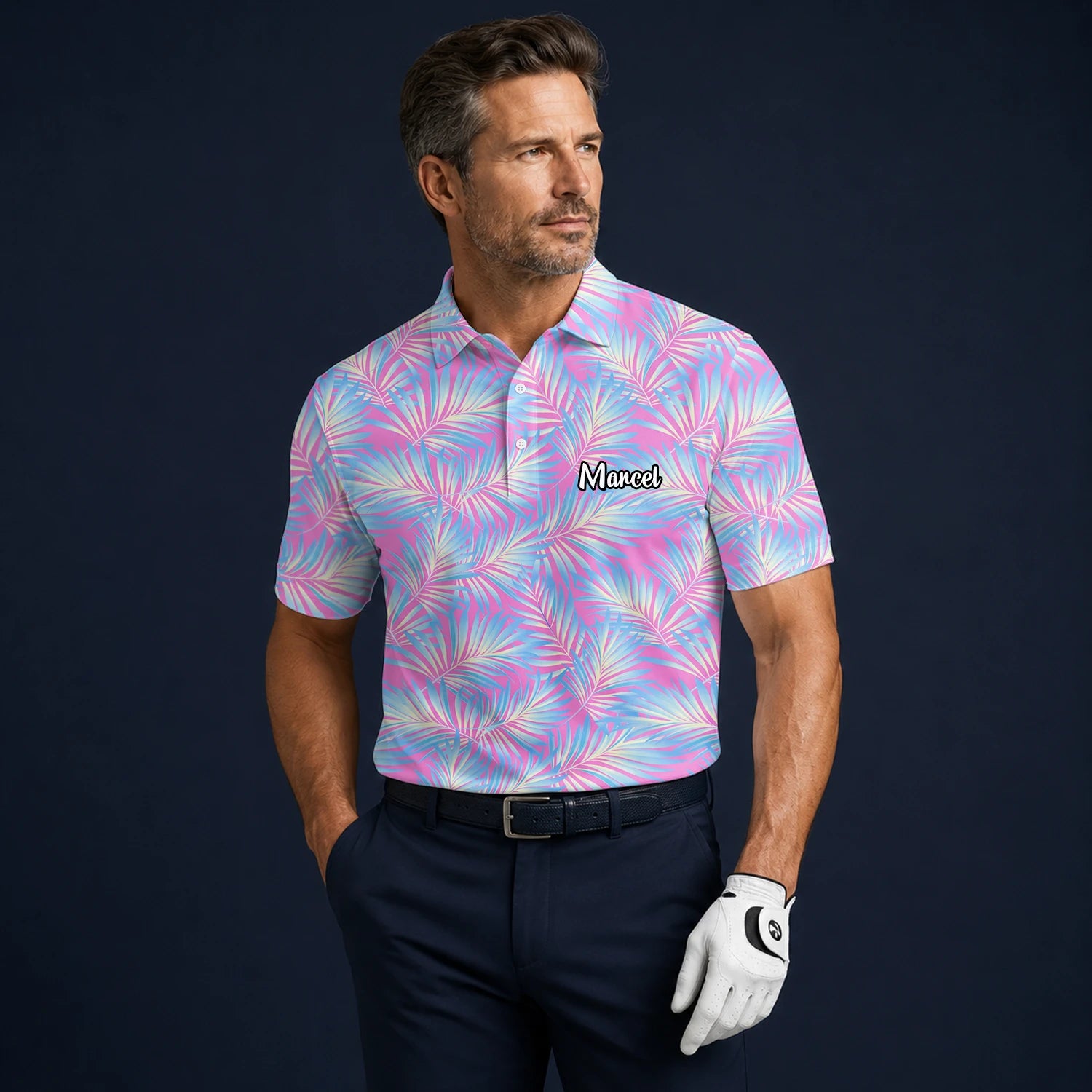Personalisiertes Golf Poloshirt Rosa Blaues Palmenblätter Design für Herren F1458