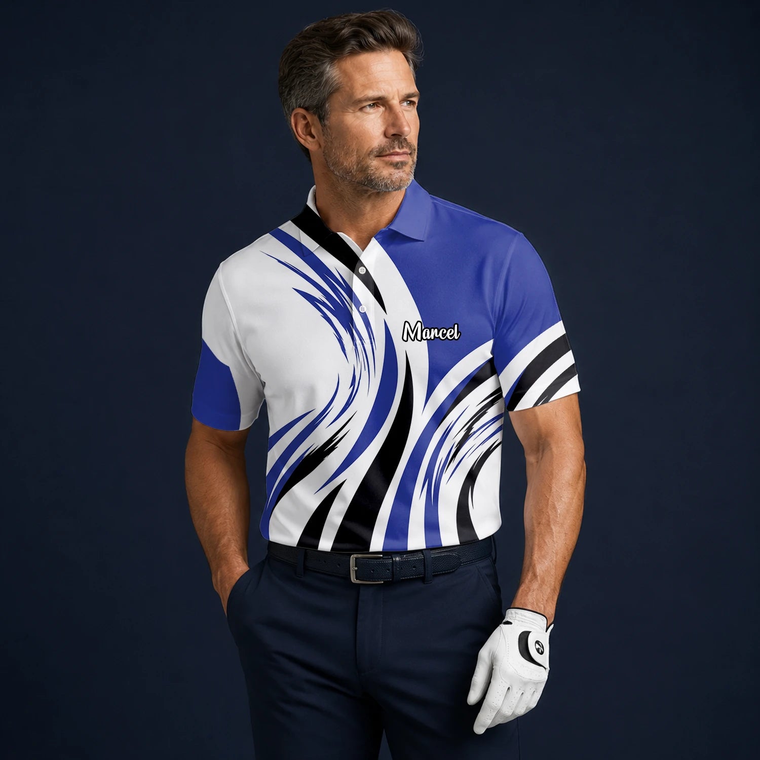 Personalisiertes Golf Poloshirt Weiß Blau Schwarzes Abstraktes Wellen Design für Herren V7849