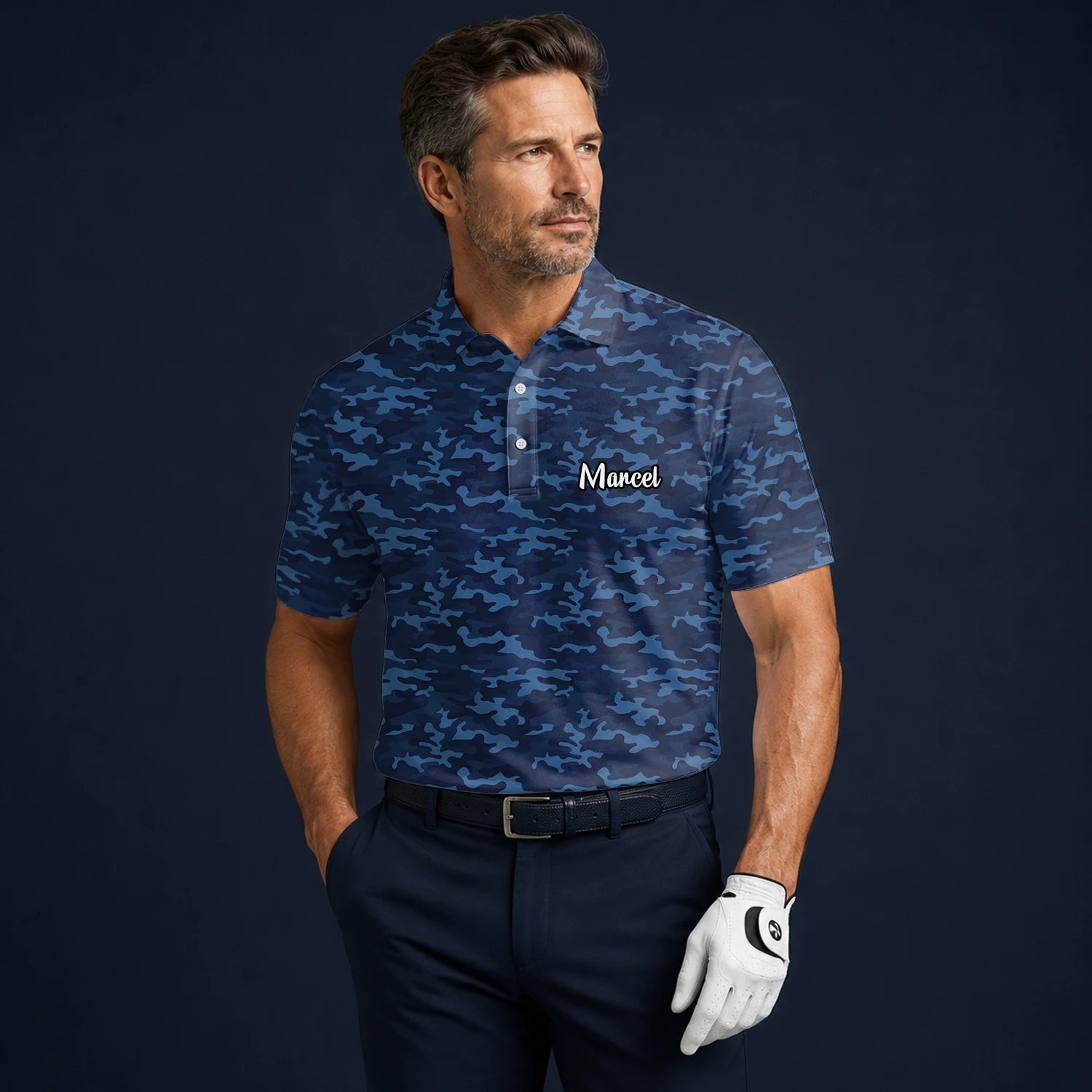 Personalisiertes Golf Poloshirt Marineblaues Camo Design für Herren L9533
