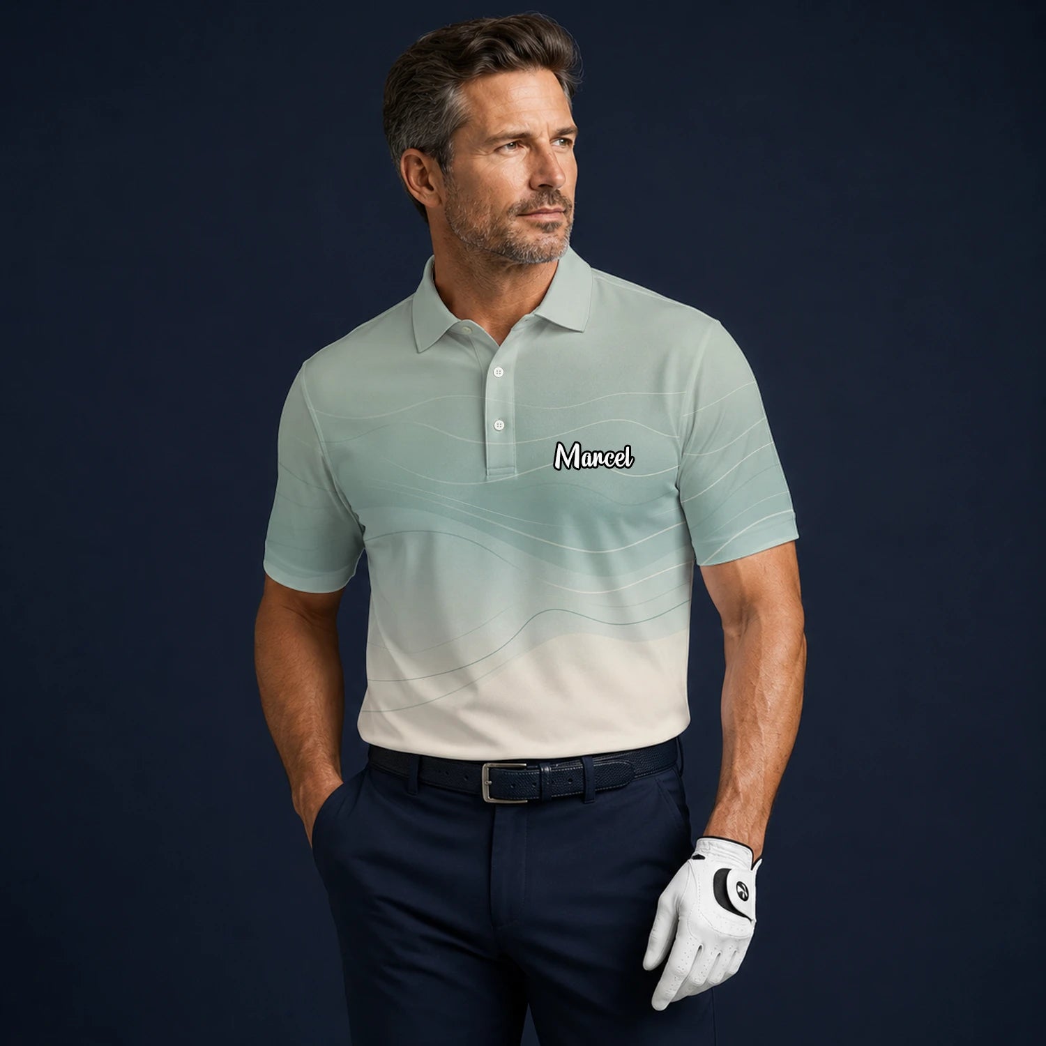 Personalisiertes Golf Poloshirt Salbeigrün Beiges Abstraktes Wellen Design für Herren X8036