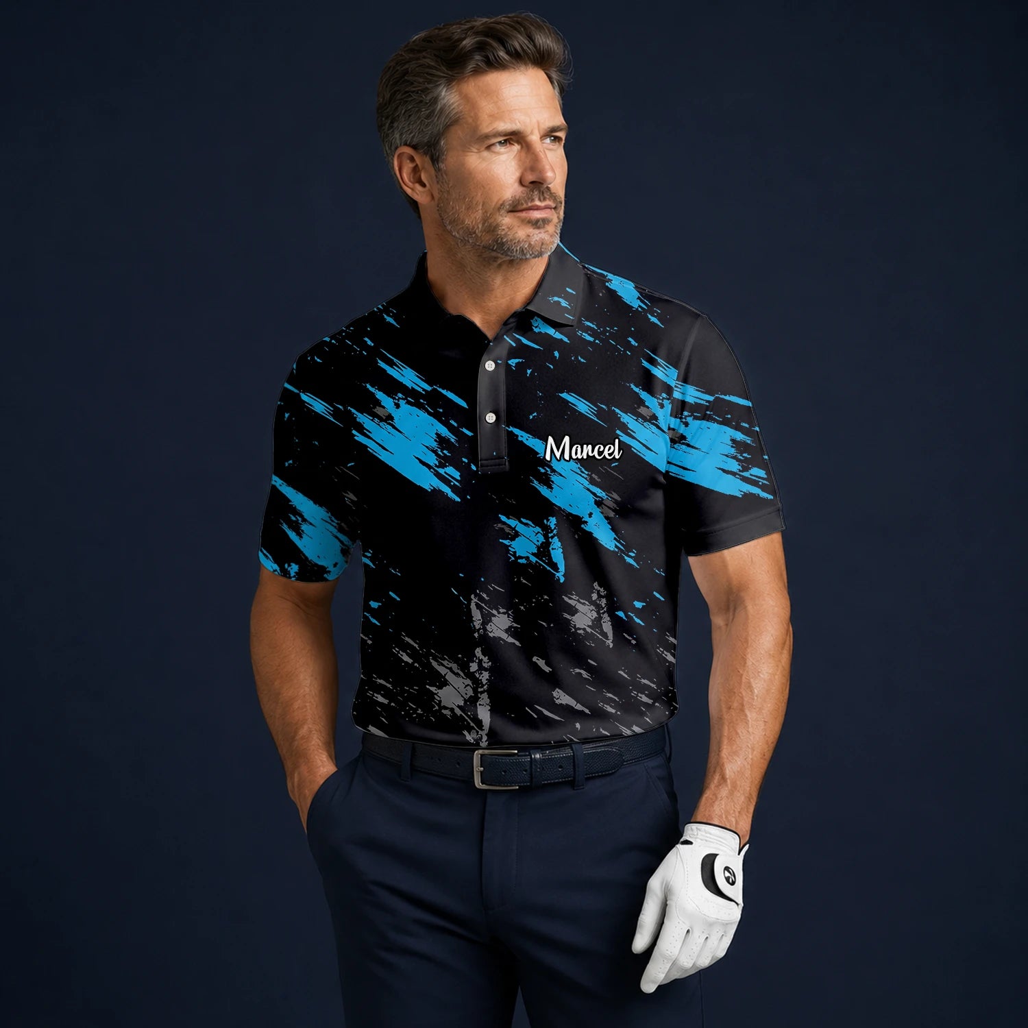 Personalisiertes Golf Poloshirt Schwarz Blaues Pinselstrich Design für Herren H3779