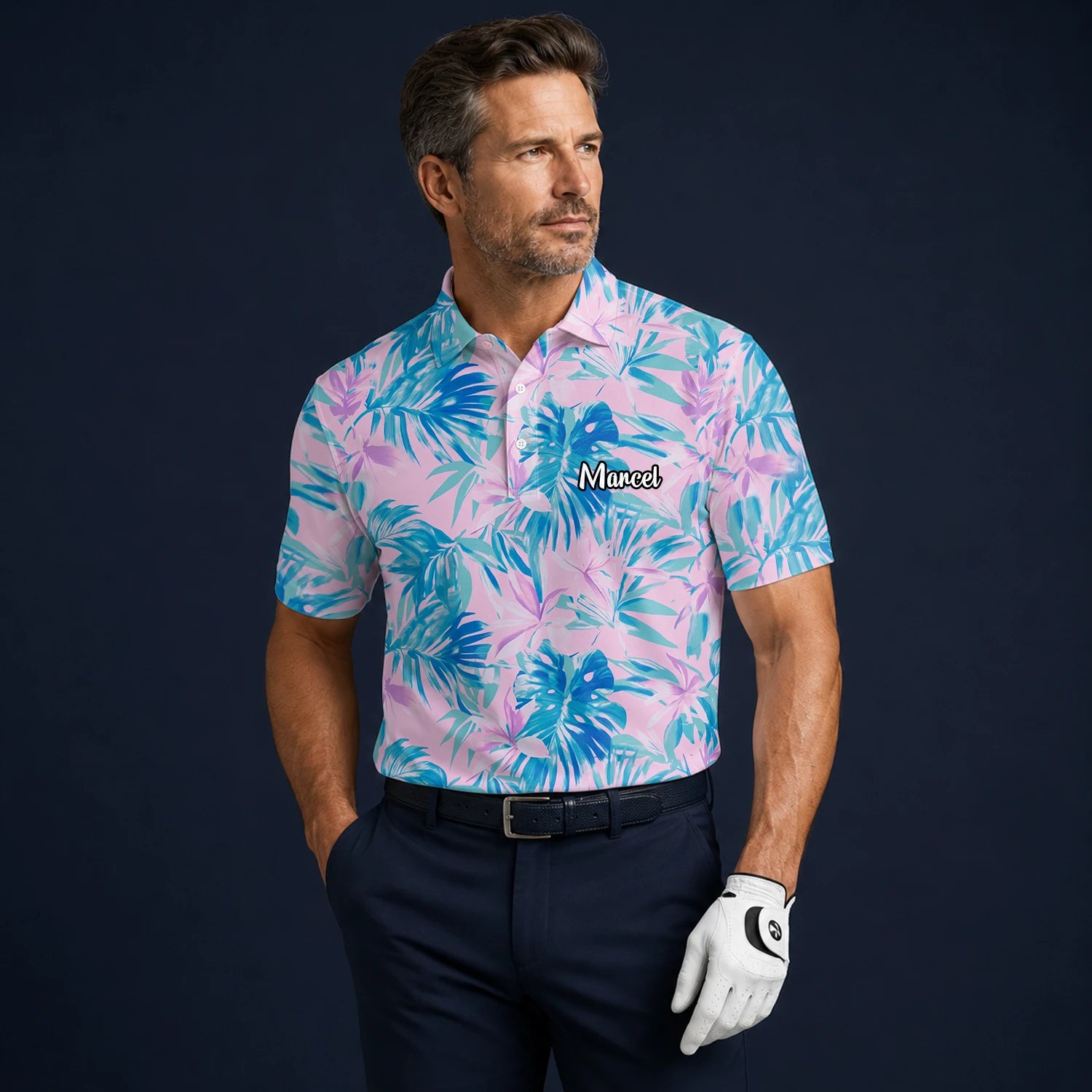 Personalisiertes Golf Poloshirt Rosa Blaues Tropisches Blätter Design für Herren K0497