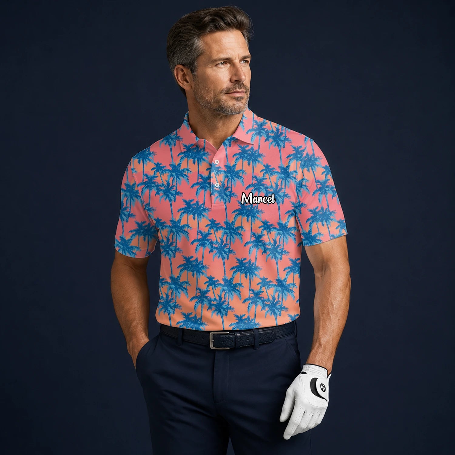 Personalisiertes Golf Poloshirt Korallenrosa Blaues Palmen Design für Herren A5845