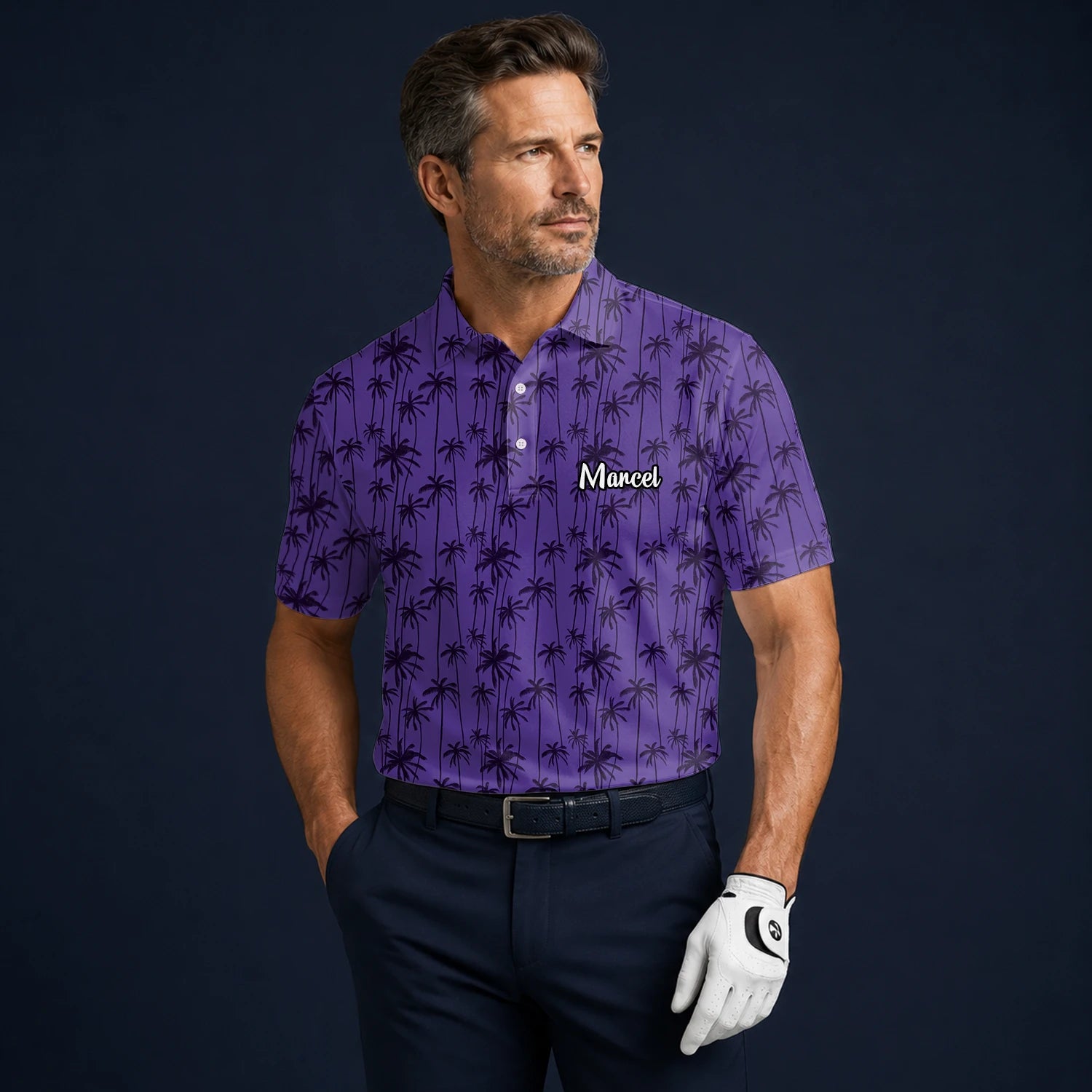 Personalisiertes Golf Poloshirt Lila Palmen Silhouetten Design für Herren P3247