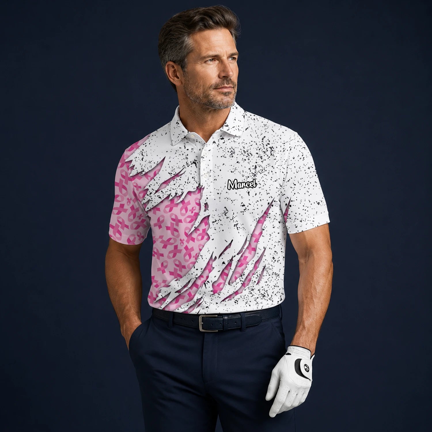 Personalisiertes Golf Poloshirt Weiß Rosa Brustkrebs Schleifen Zerrissenes Design für Herren B7190