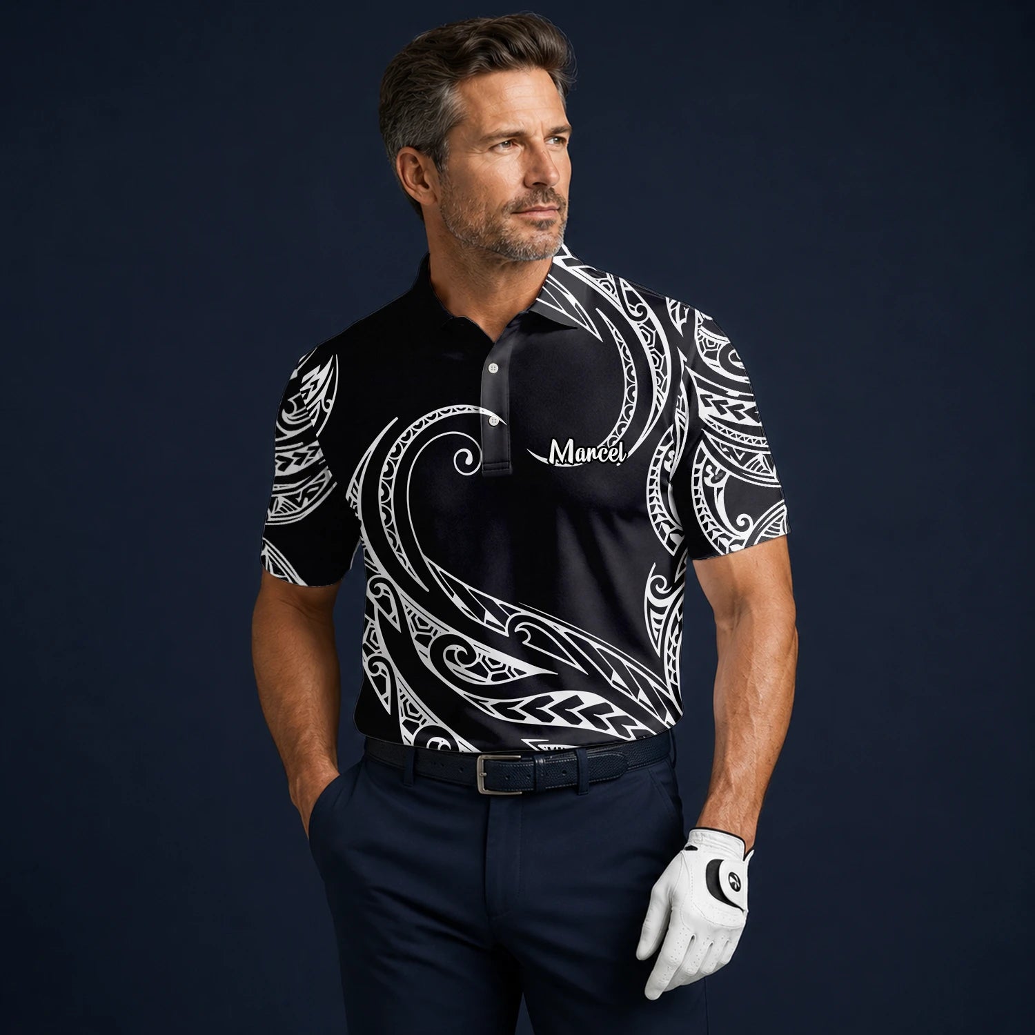 Personalisiertes Golf Poloshirt Schwarz Weißes Tribal Wellen Design für Herren R9560