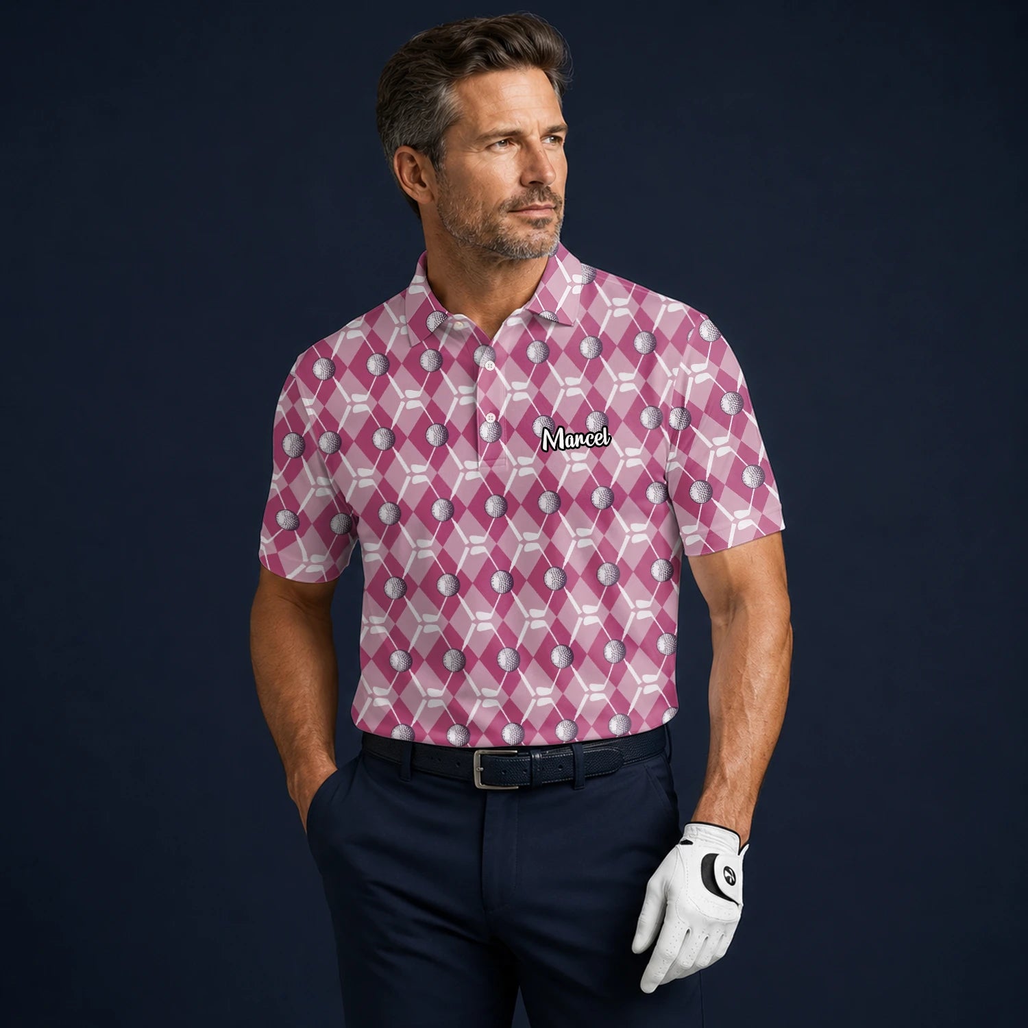 Personalisiertes Golf Poloshirt Rosa Rauten Golfball Design für Herren X0000