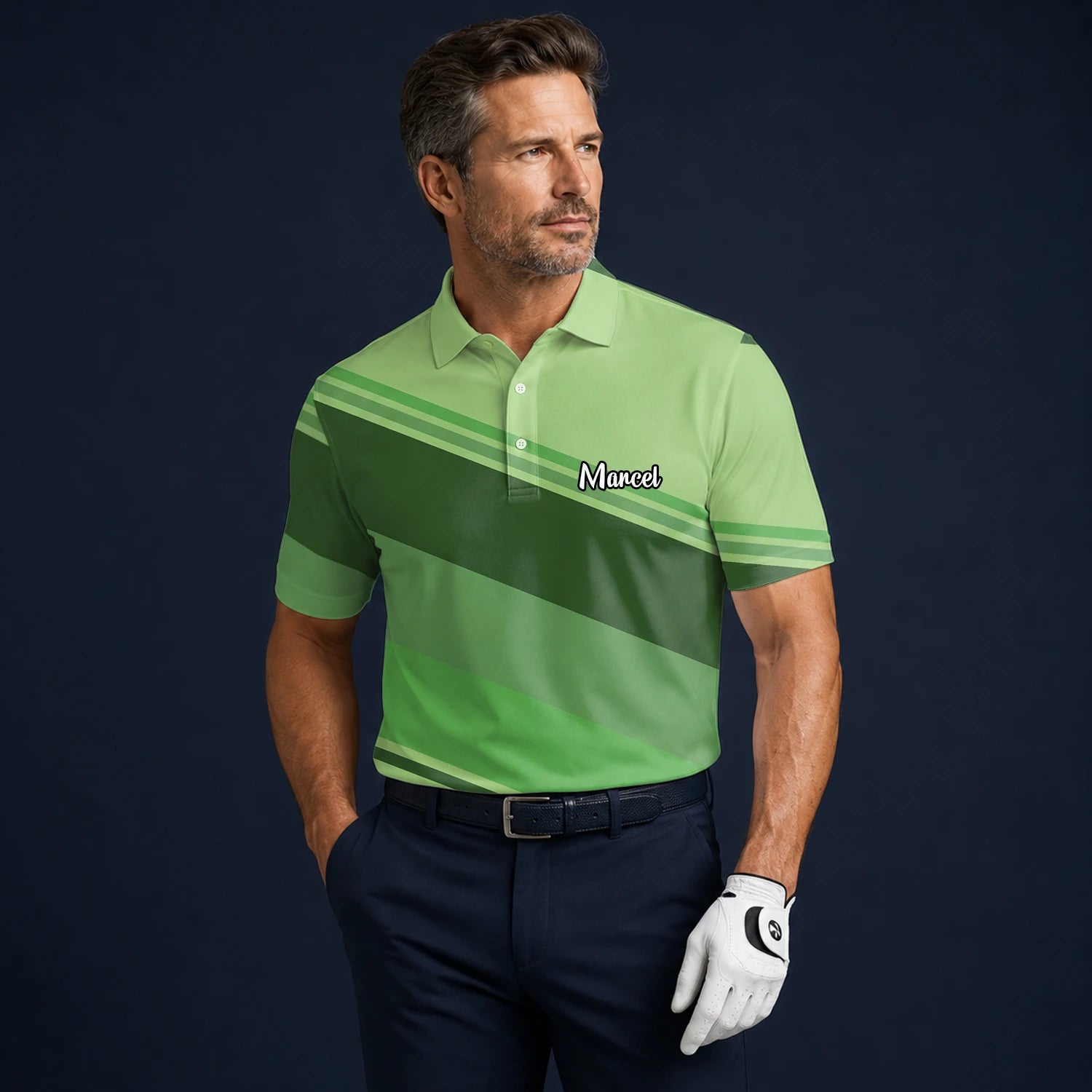 Personalisiertes Golf Poloshirt Hellgrünes Geometrisches Streifen Design für Herren S1599