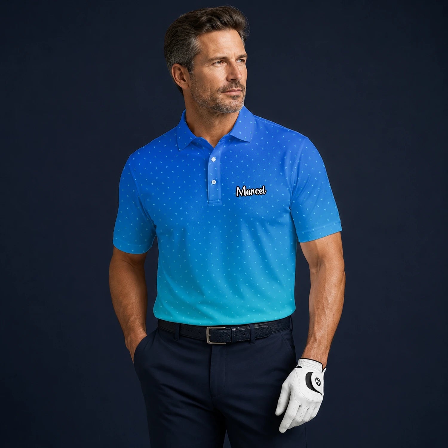 Personalisiertes Golf Poloshirt Blau Türkis Punkt Verlauf Design für Herren C6032