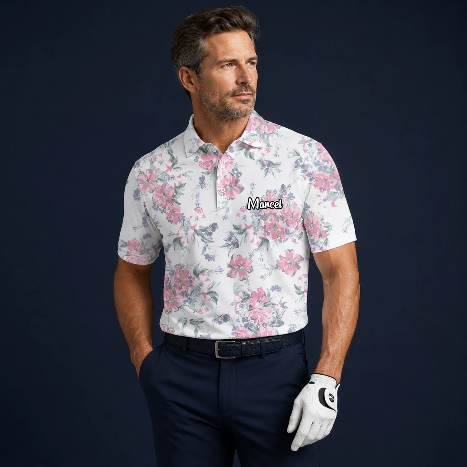 Personalisiertes Golf Poloshirt Weiß Rosa Blumen Blätter Design für Herren H5152