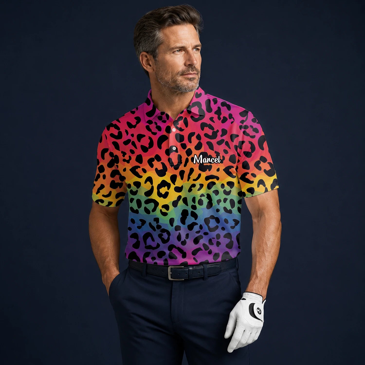 Personalisiertes Golf Poloshirt Regenbogen Leo Print Design für Herren X1632