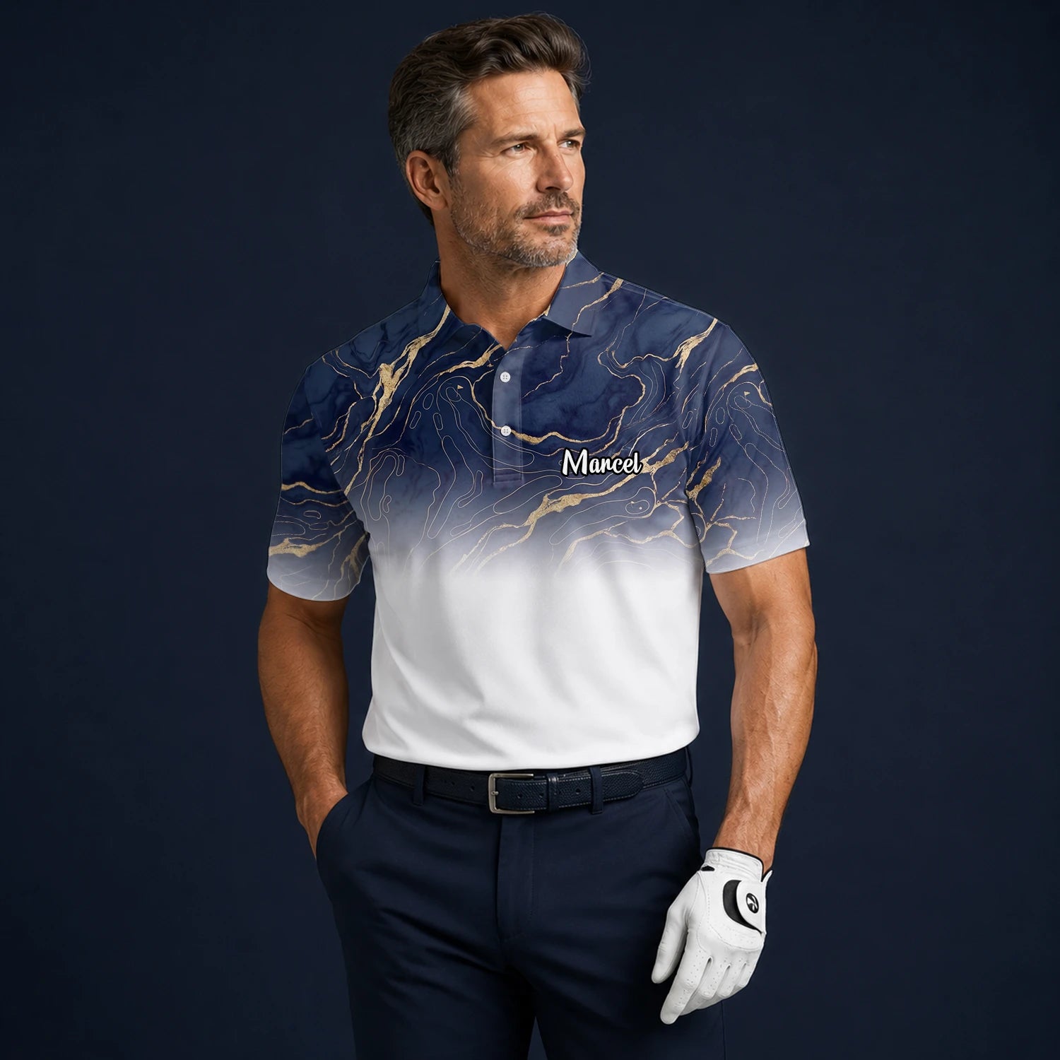Personalisiertes Golf Poloshirt Marineblau Weißes Marmor Goldadern Design für Herren U5613