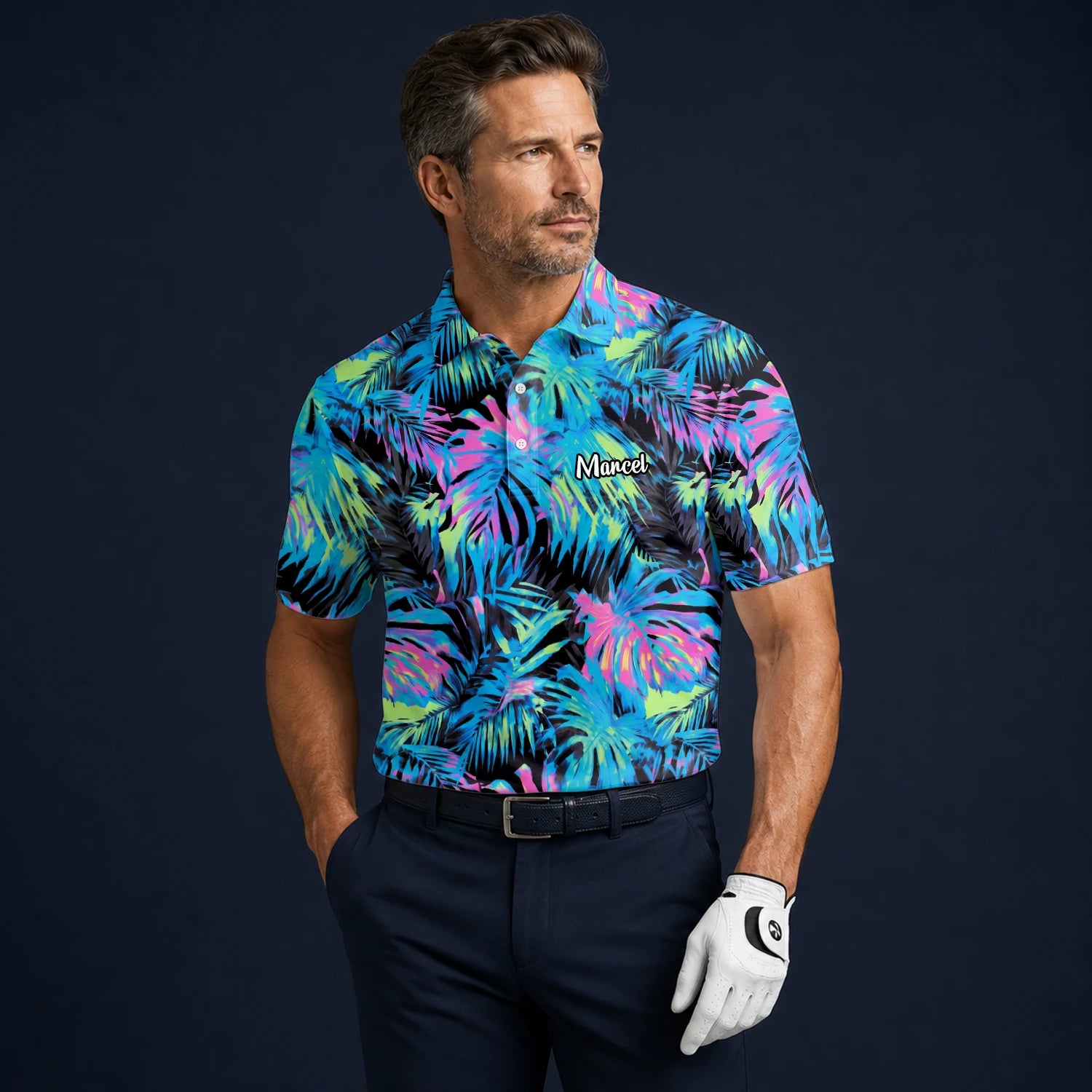 Personalisiertes Golf Poloshirt Schwarz Neon Tropisches Blätter Design für Herren D2207