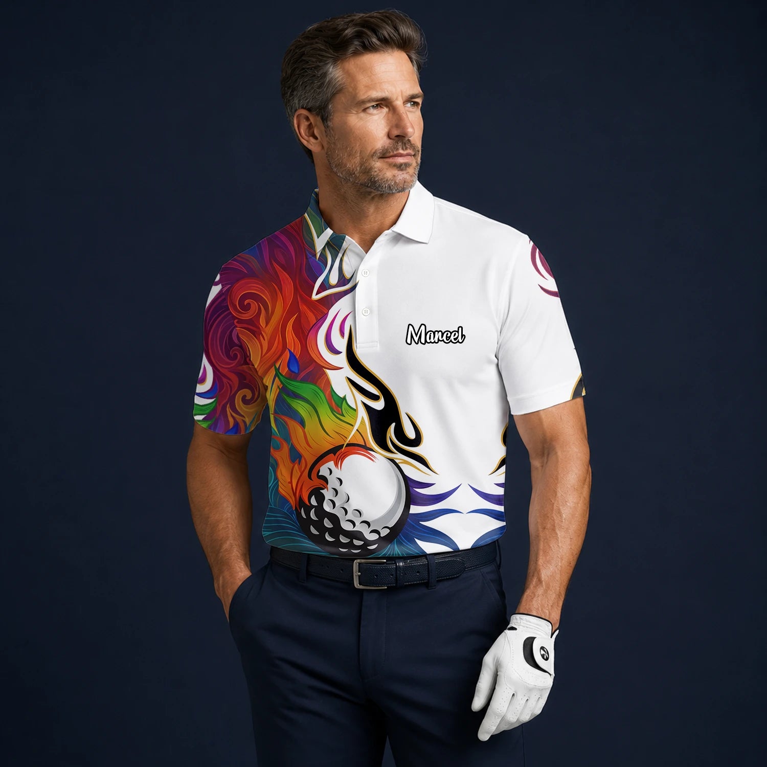 Personalisiertes Golf Poloshirt Weißes Regenbogen Flammen Golfball Design für Herren P6012