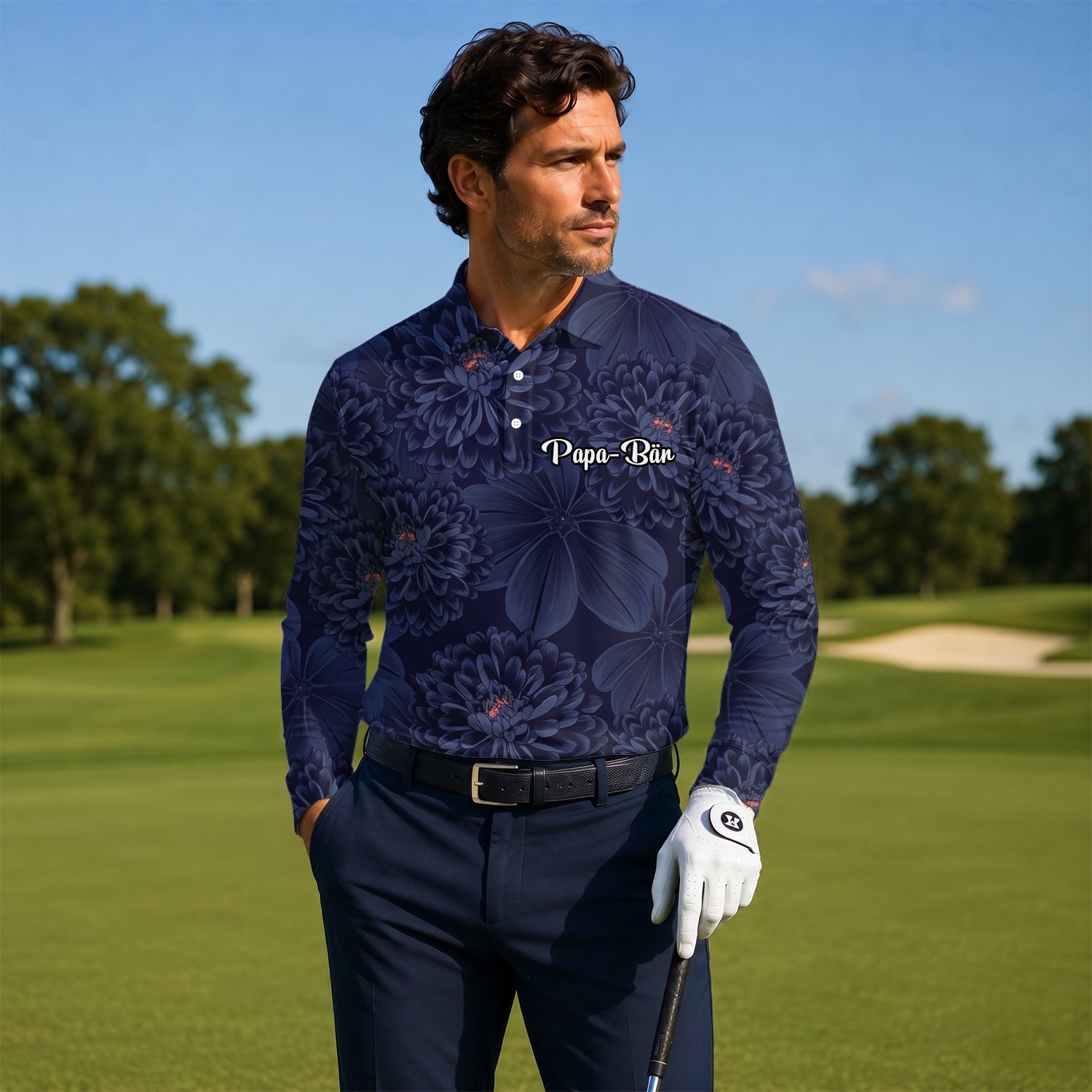 Personalisiertes Golf Poloshirt Dunkelblaues Chrysanthemen Blumen Design für Herren A0086