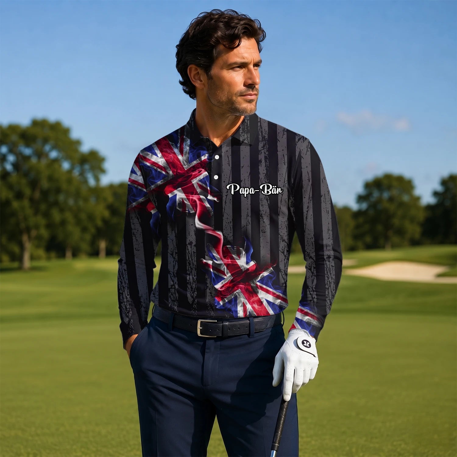 Personalisiertes Golf Poloshirt Schwarz Union Jack Blitz Design für Herren U9443