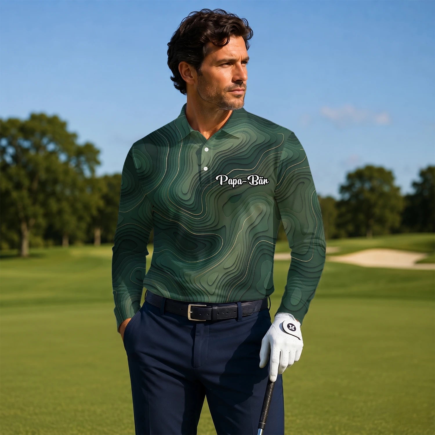 Personalisiertes Golf Poloshirt Grünes Topografisches Konturlinien Design für Herren H2497