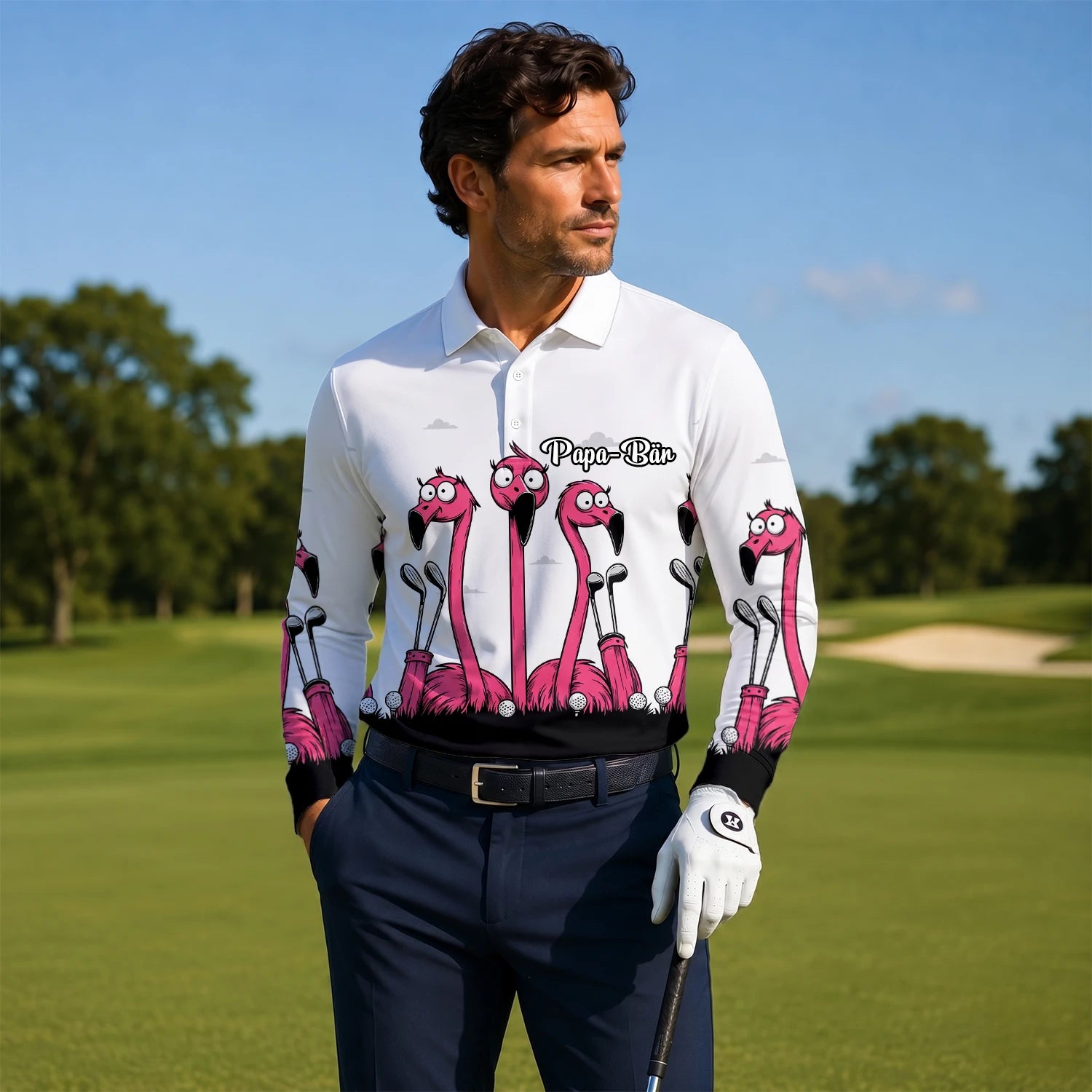 Personalisiertes Golf Poloshirt Weiß Rosa Flamingo Cartoon Design für Herren I6113
