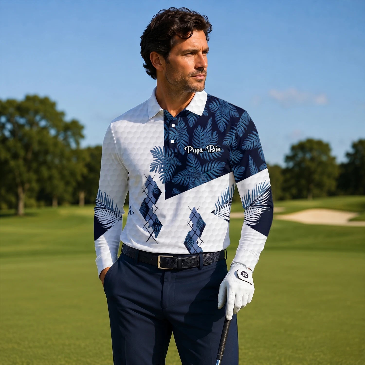 Personalisiertes Golf Poloshirt Weiß Marineblaues Tropisches Blätter Rauten Design für Herren D6549