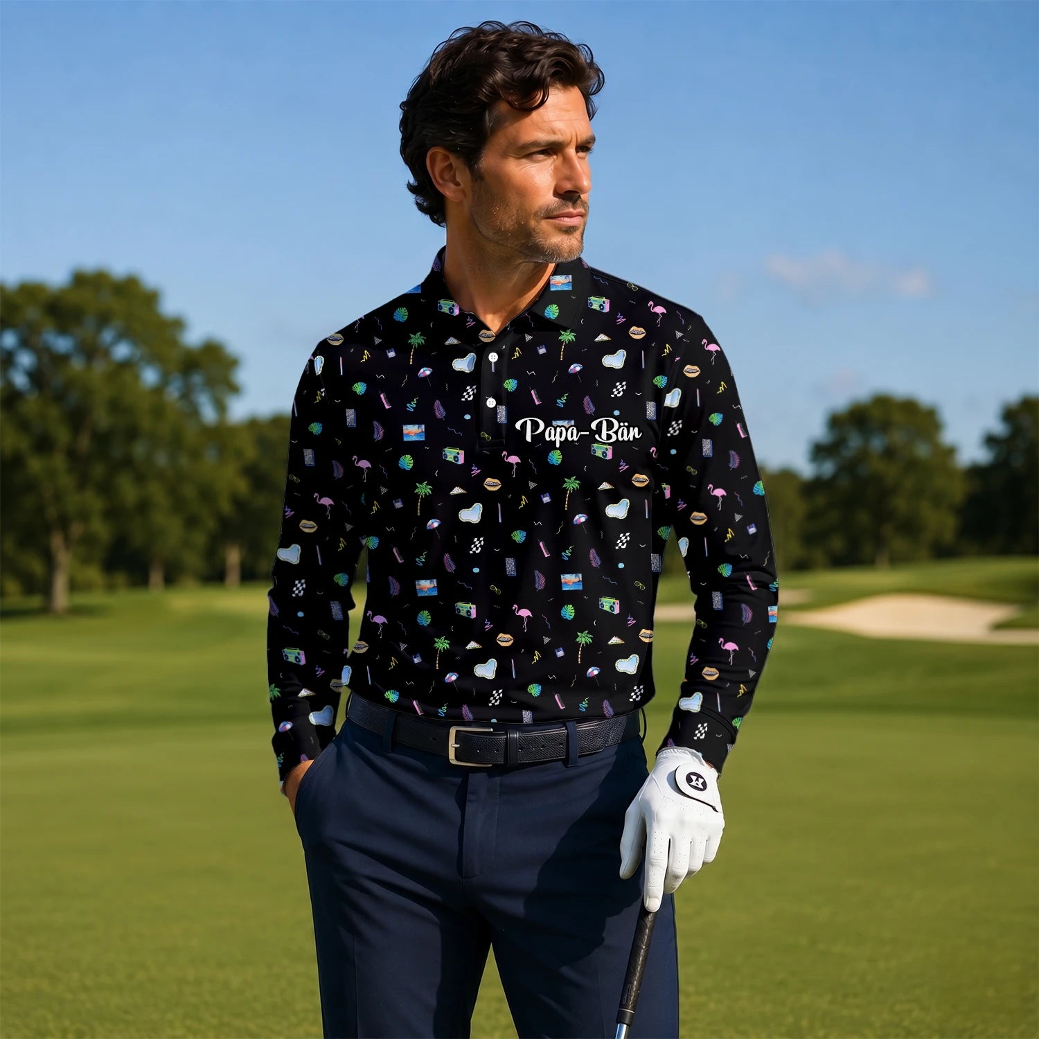 Personalisiertes Golf Poloshirt Schwarzes Urlaub Reise Doodle Design für Herren V7883