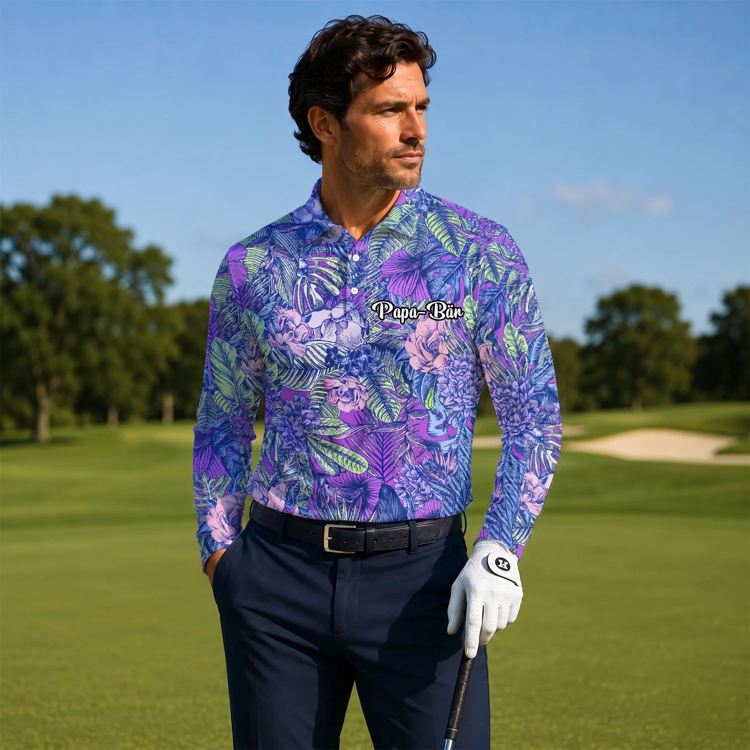 Personalisiertes Golf Poloshirt Lila Blaues Tropisches Blumen Blätter Design für Herren B8037
